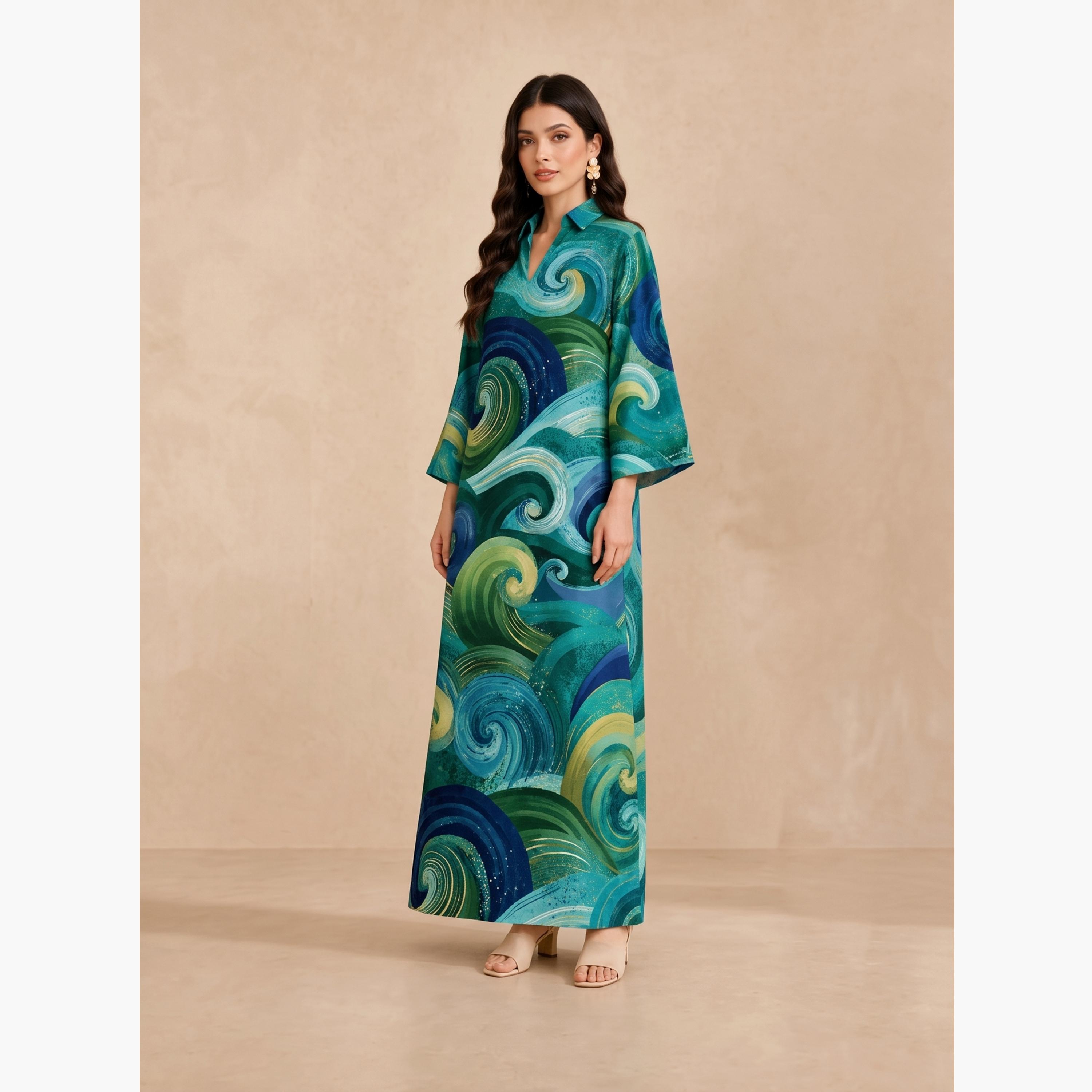 جلابية بياقة مفتوحة وطبعات دوامية-women-arabicclothing-jalabiyas-image-2