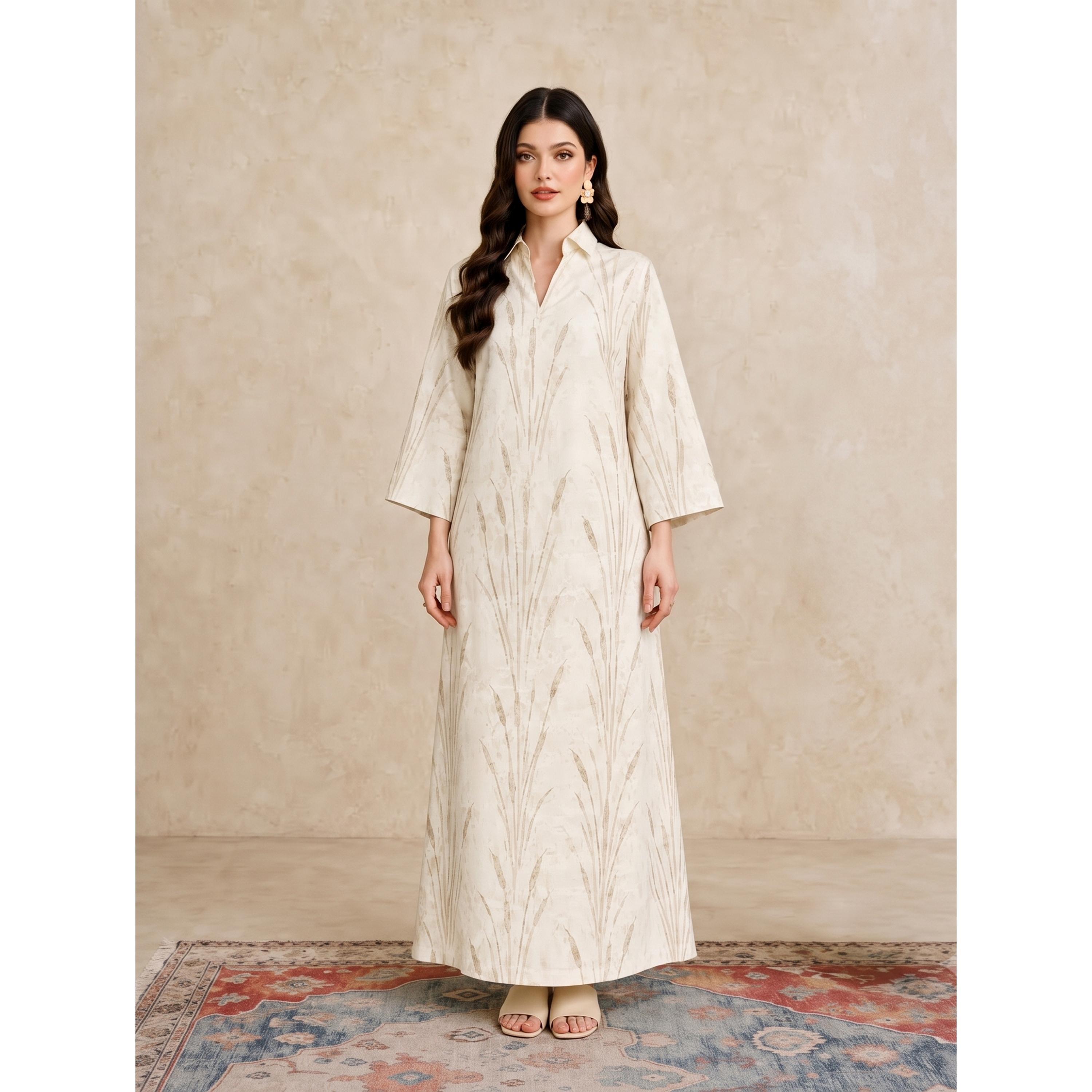 Take Two Beige Maxi Jalabiya with Botanical Print-women-arabicclothing-jalabiyas-image-1