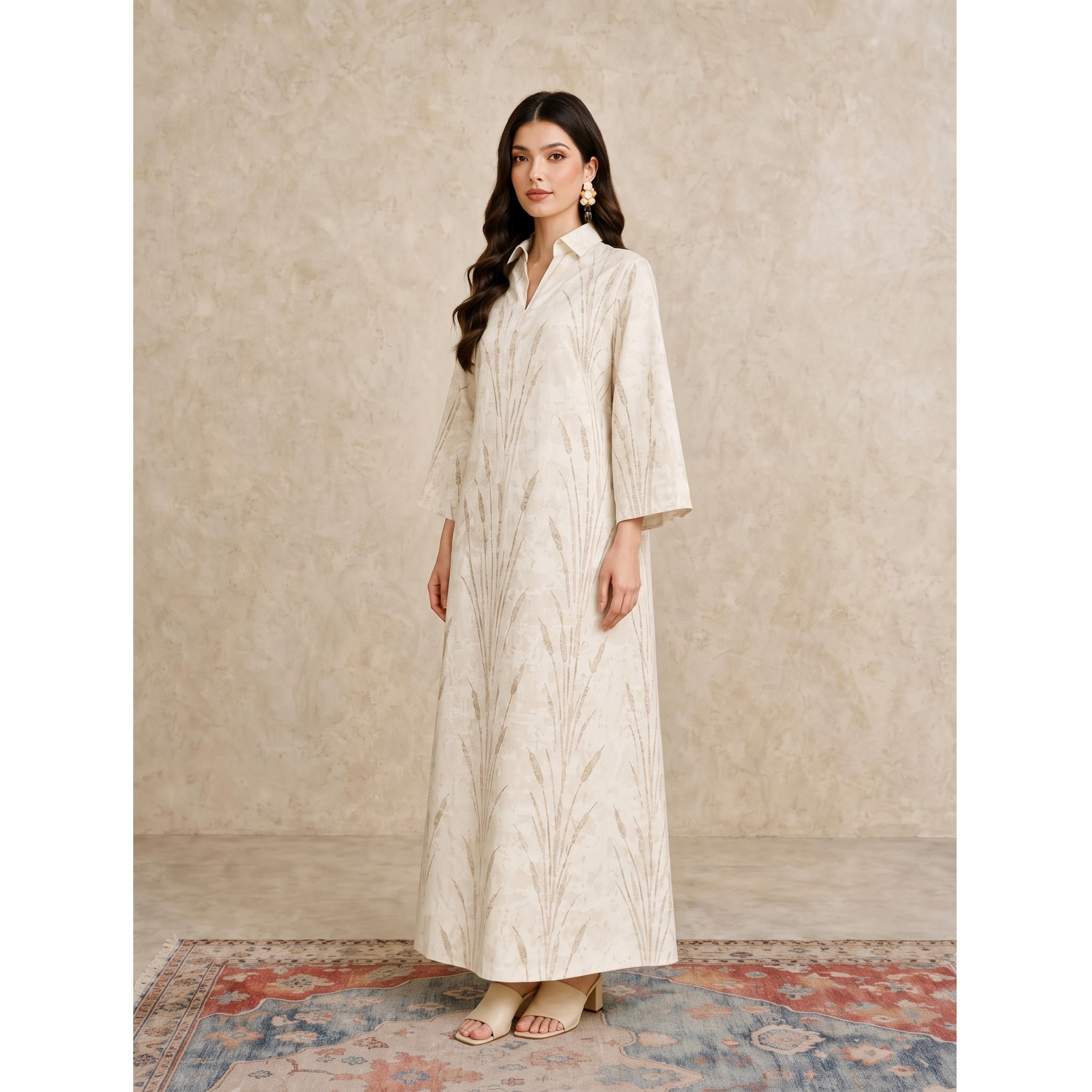 Take Two Beige Maxi Jalabiya with Botanical Print-women-arabicclothing-jalabiyas-image-2