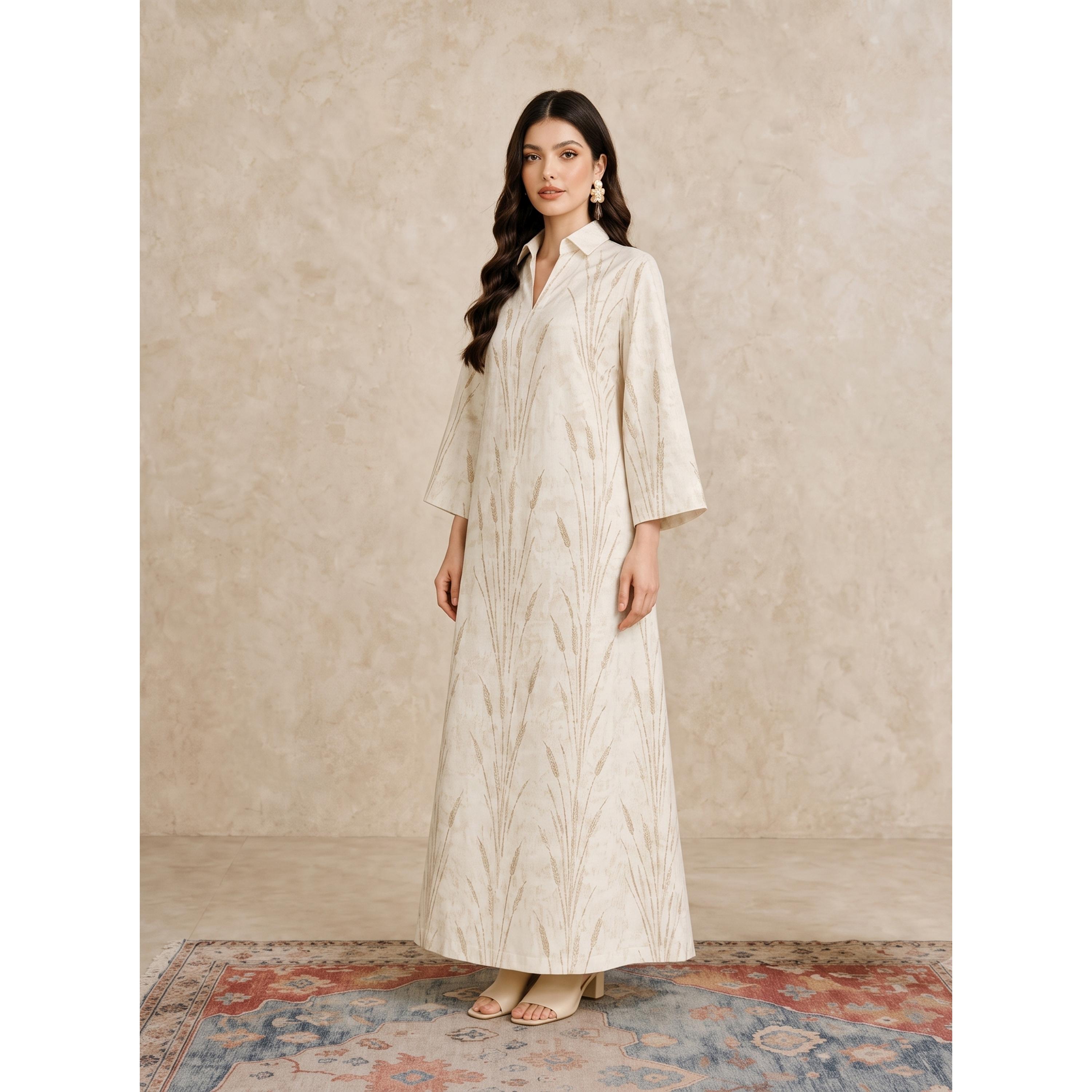 Take Two Beige Maxi Jalabiya with Botanical Print-women-arabicclothing-jalabiyas-image-4
