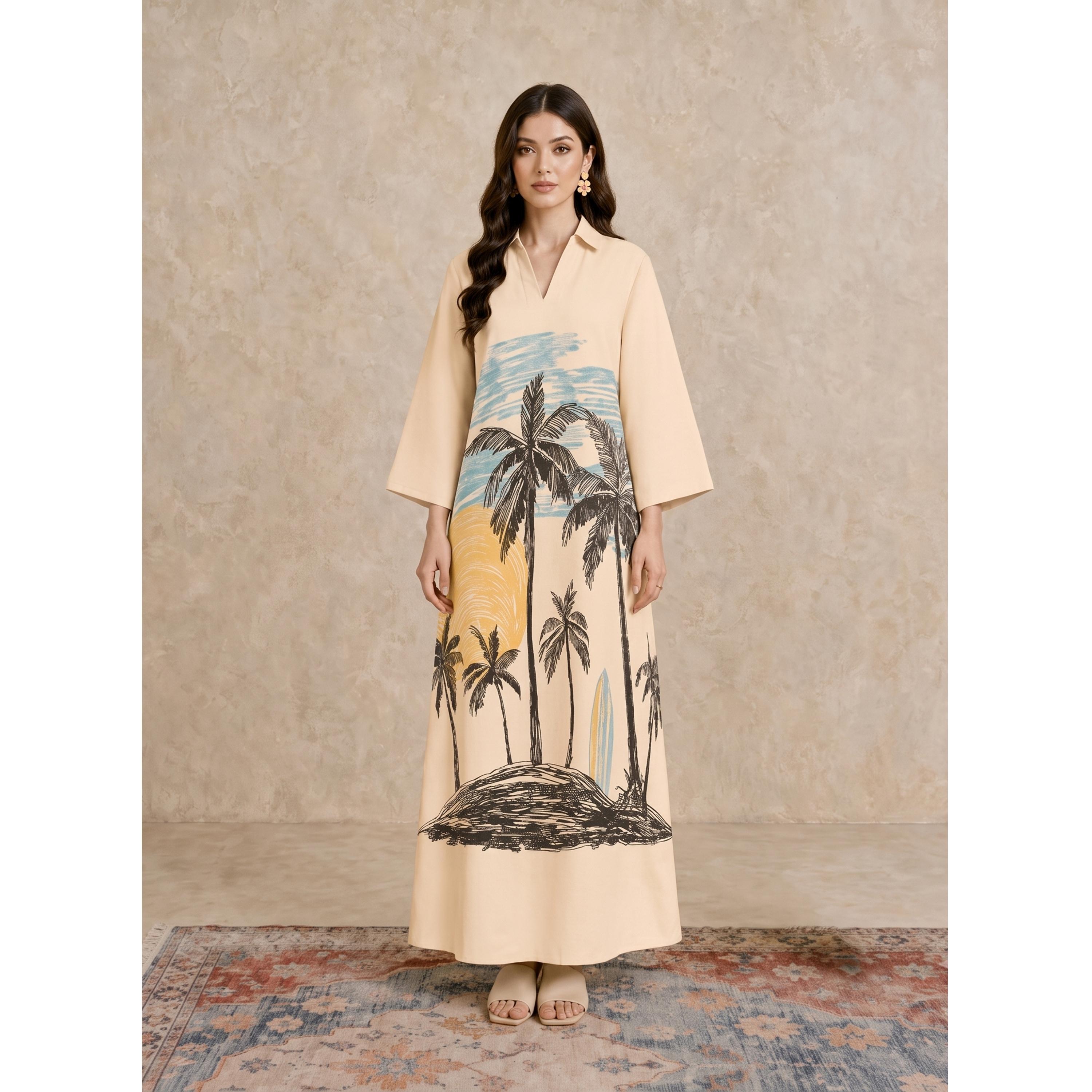 Take Two Beige Tropical Palm Print Open Collar Jalabiya-women-arabicclothing-jalabiyas-image-1