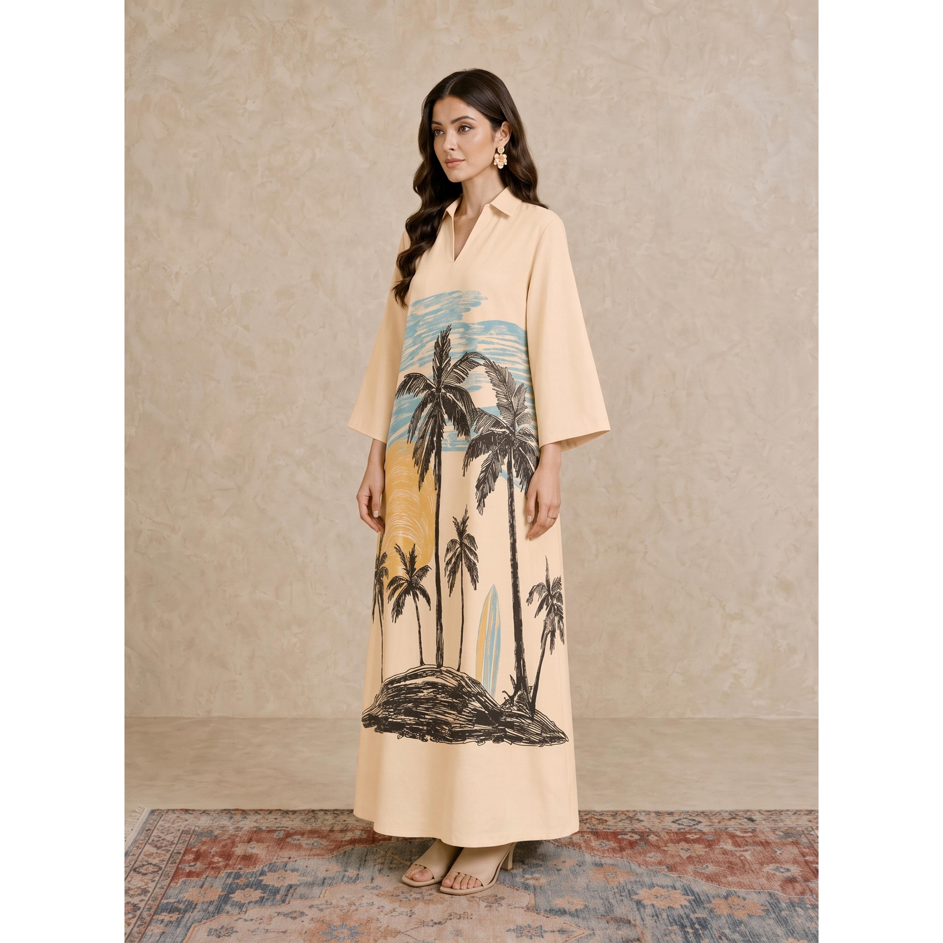 Take Two Beige Tropical Palm Print Open Collar Jalabiya-women-arabicclothing-jalabiyas-image-2