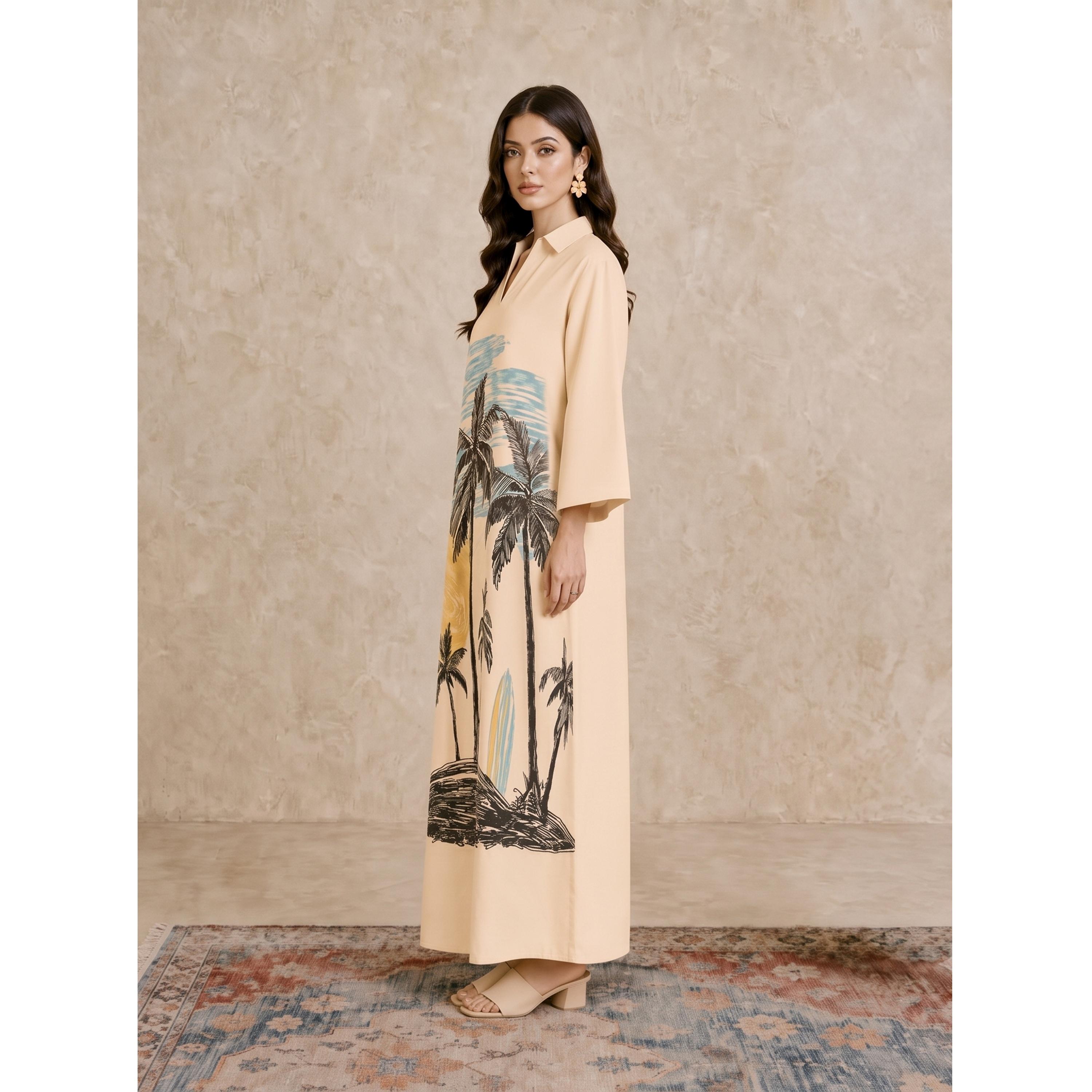 Take Two Beige Tropical Palm Print Open Collar Jalabiya-women-arabicclothing-jalabiyas-image-3