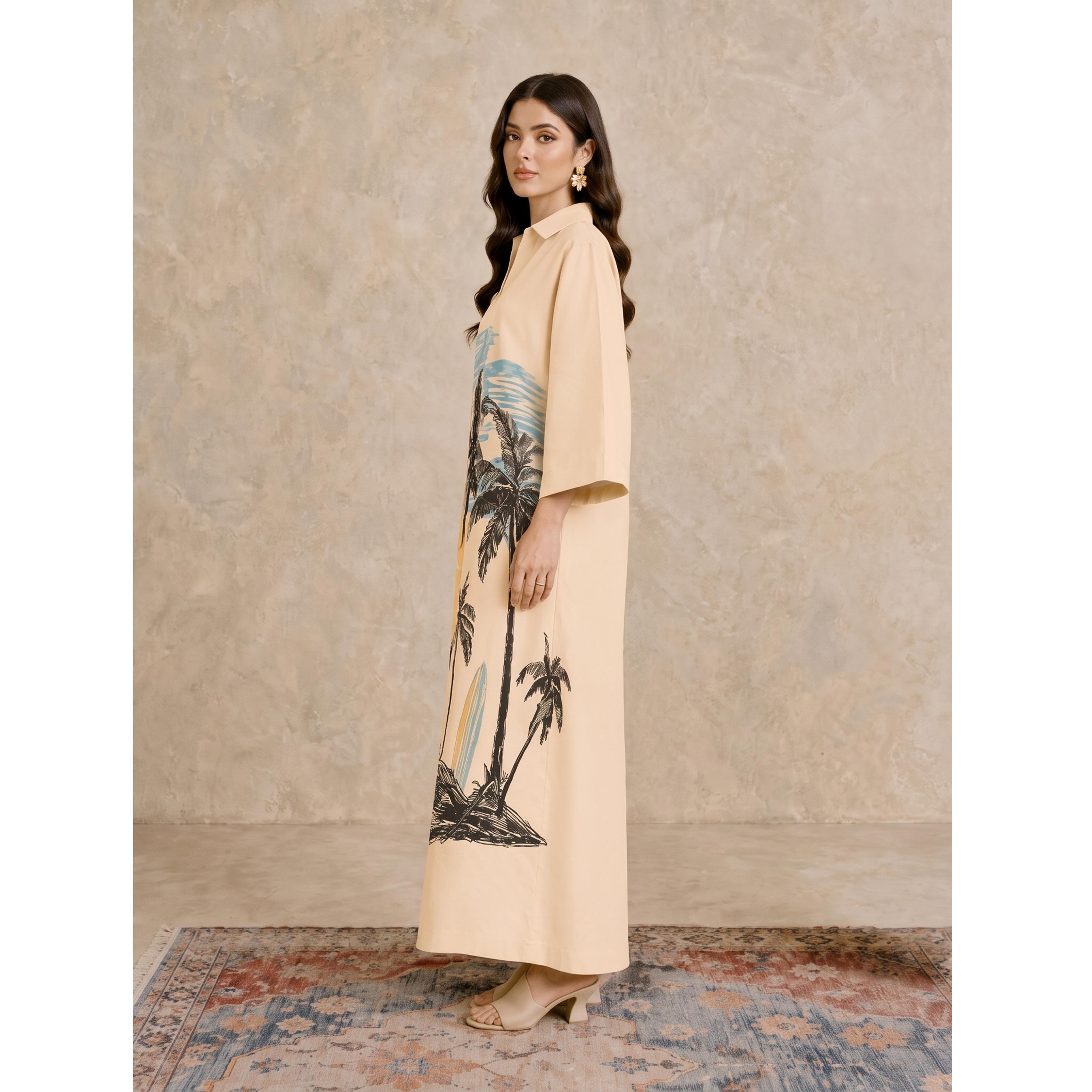 Take Two Beige Tropical Palm Print Open Collar Jalabiya-women-arabicclothing-jalabiyas-image-4
