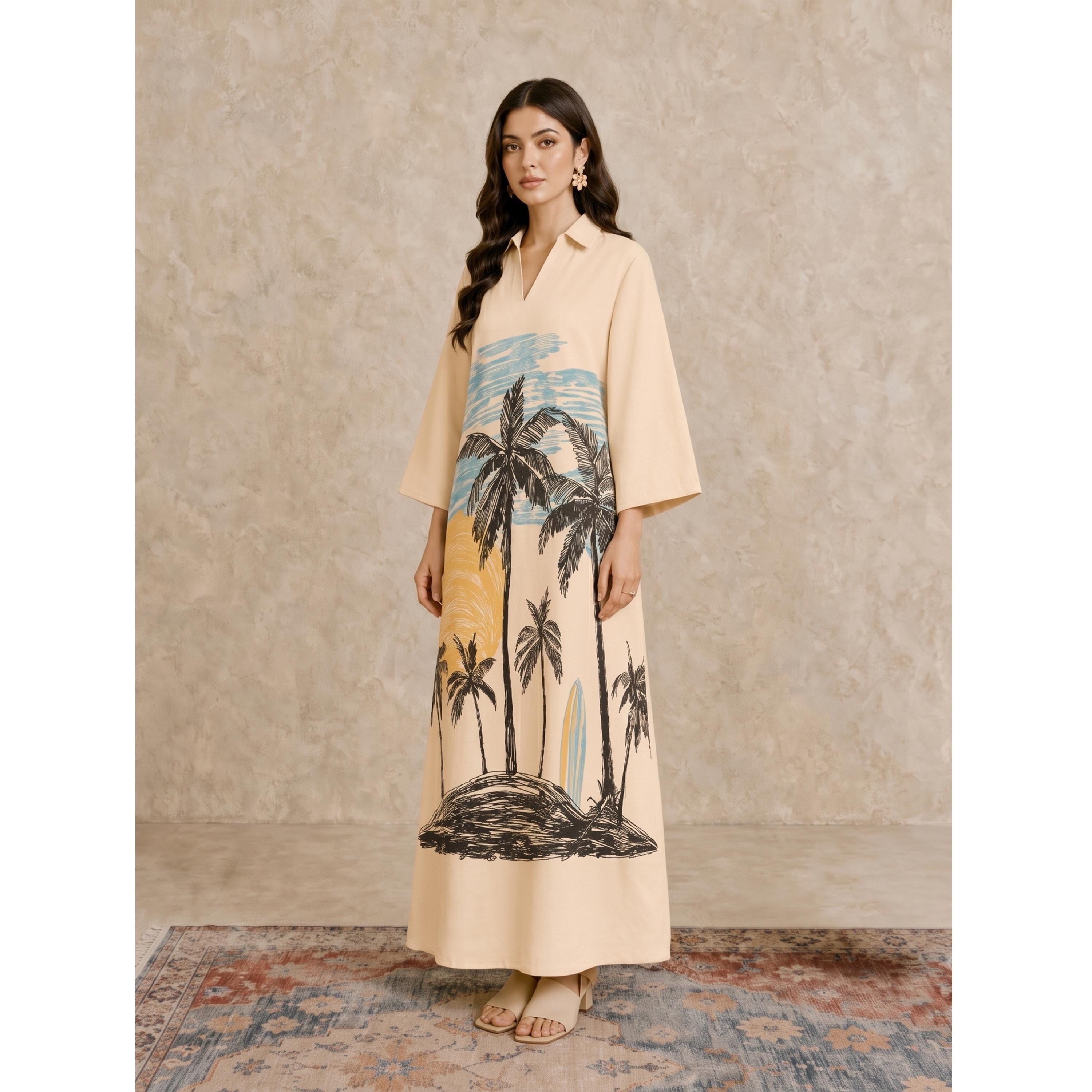 Take Two Beige Tropical Palm Print Open Collar Jalabiya-women-arabicclothing-jalabiyas-image-5