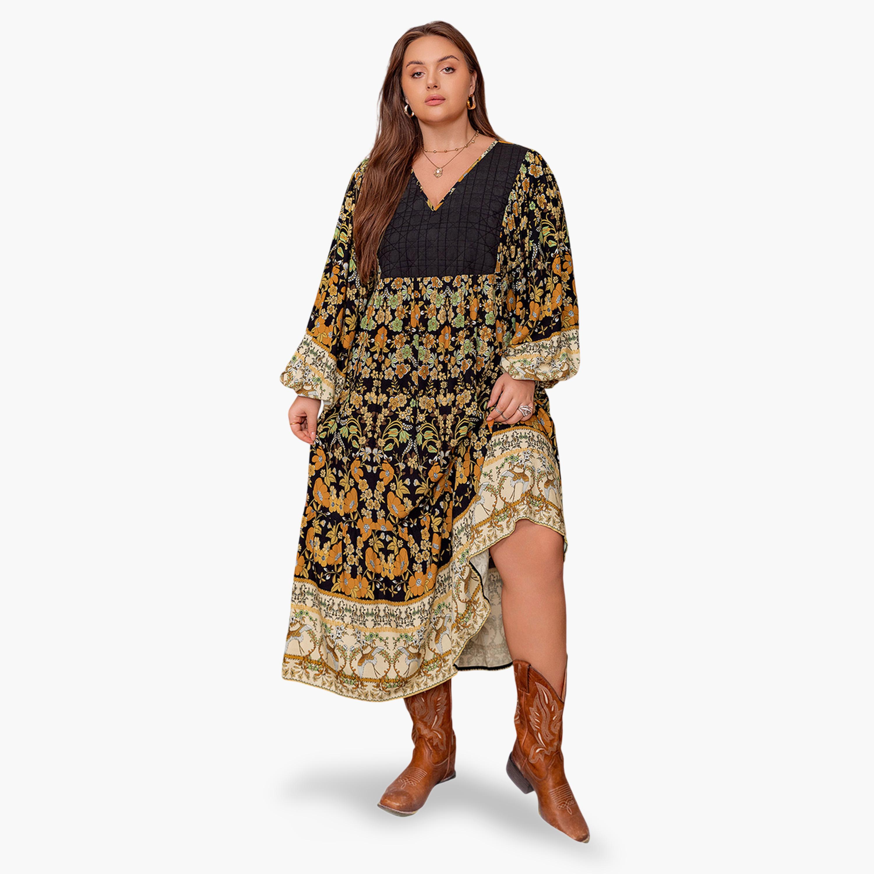 فستان طويل بحافة واسعة بمقاس كبير وطبعة أزهار متعدد الألوان-women-clothing-dresses-image-1