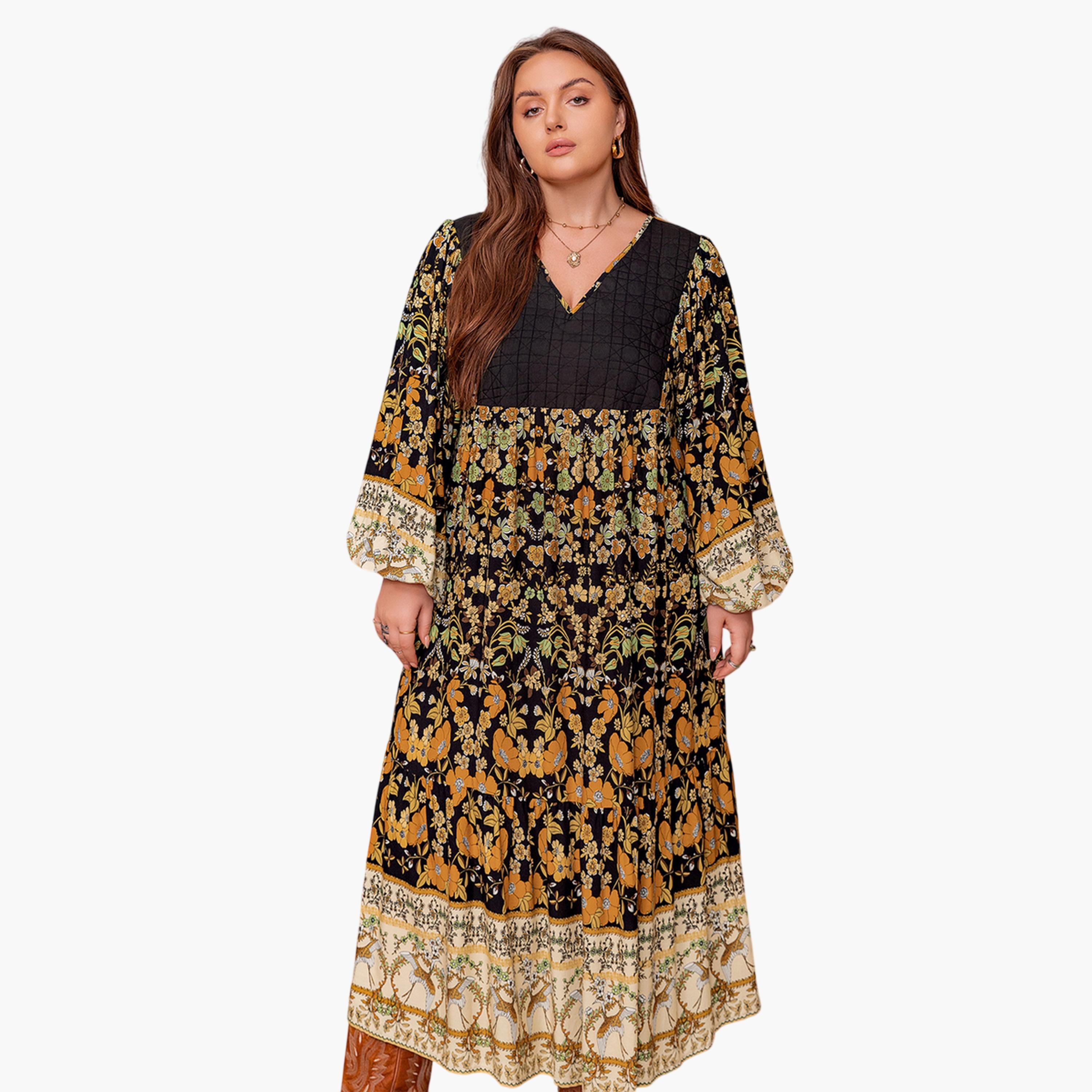 فستان طويل بحافة واسعة بمقاس كبير وطبعة أزهار متعدد الألوان-women-clothing-dresses-image-3