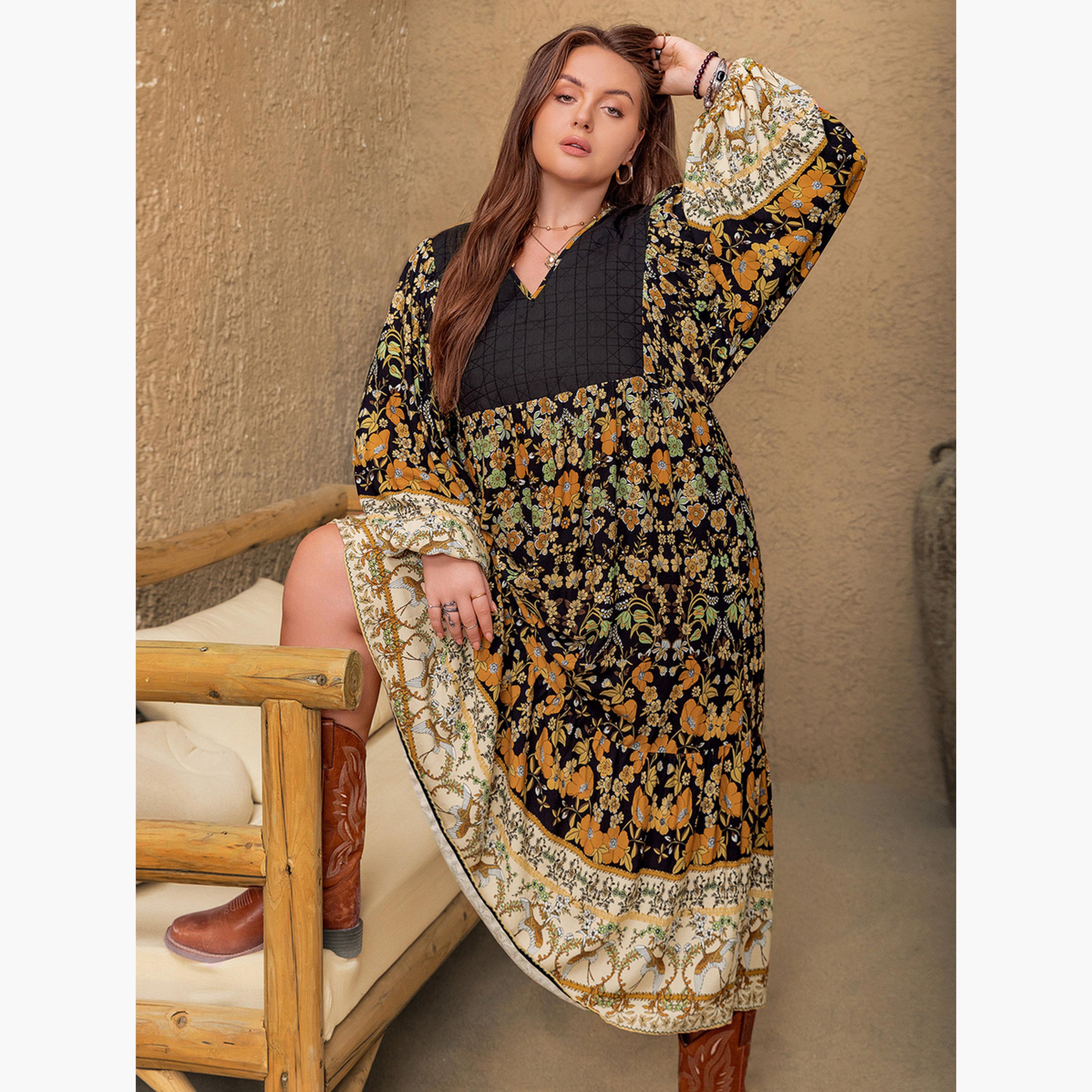 فستان طويل بحافة واسعة بمقاس كبير وطبعة أزهار متعدد الألوان-women-clothing-dresses-image-4