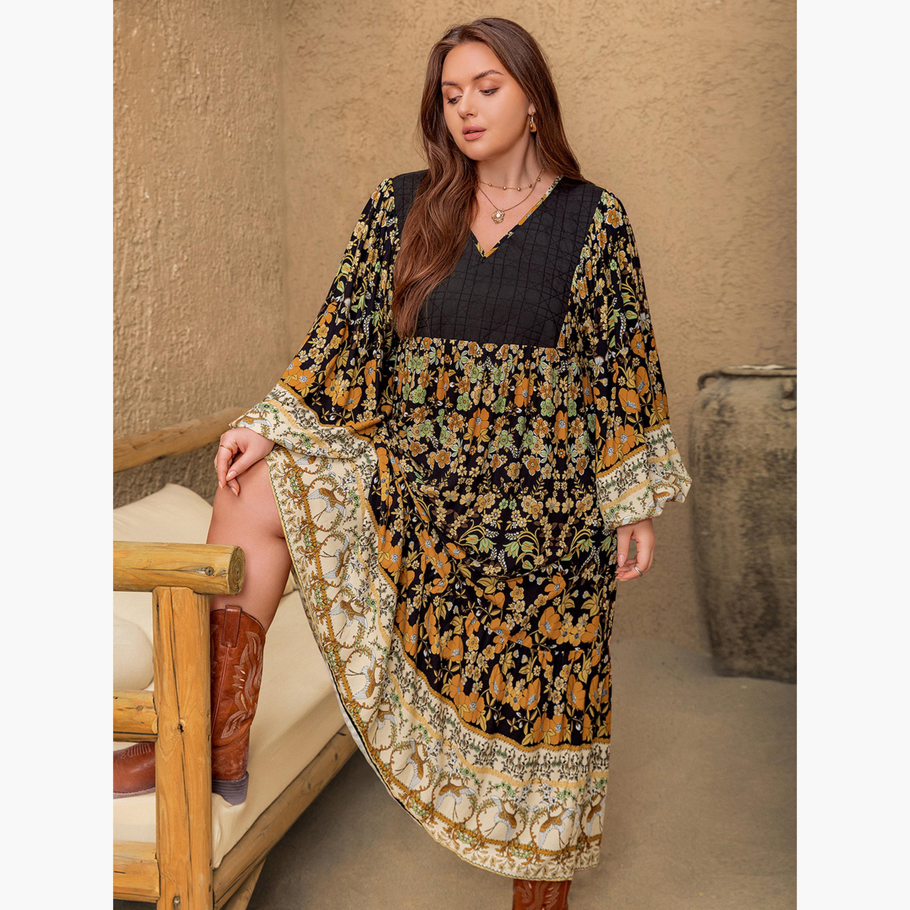 فستان طويل بحافة واسعة بمقاس كبير وطبعة أزهار متعدد الألوان-women-clothing-dresses-image-5