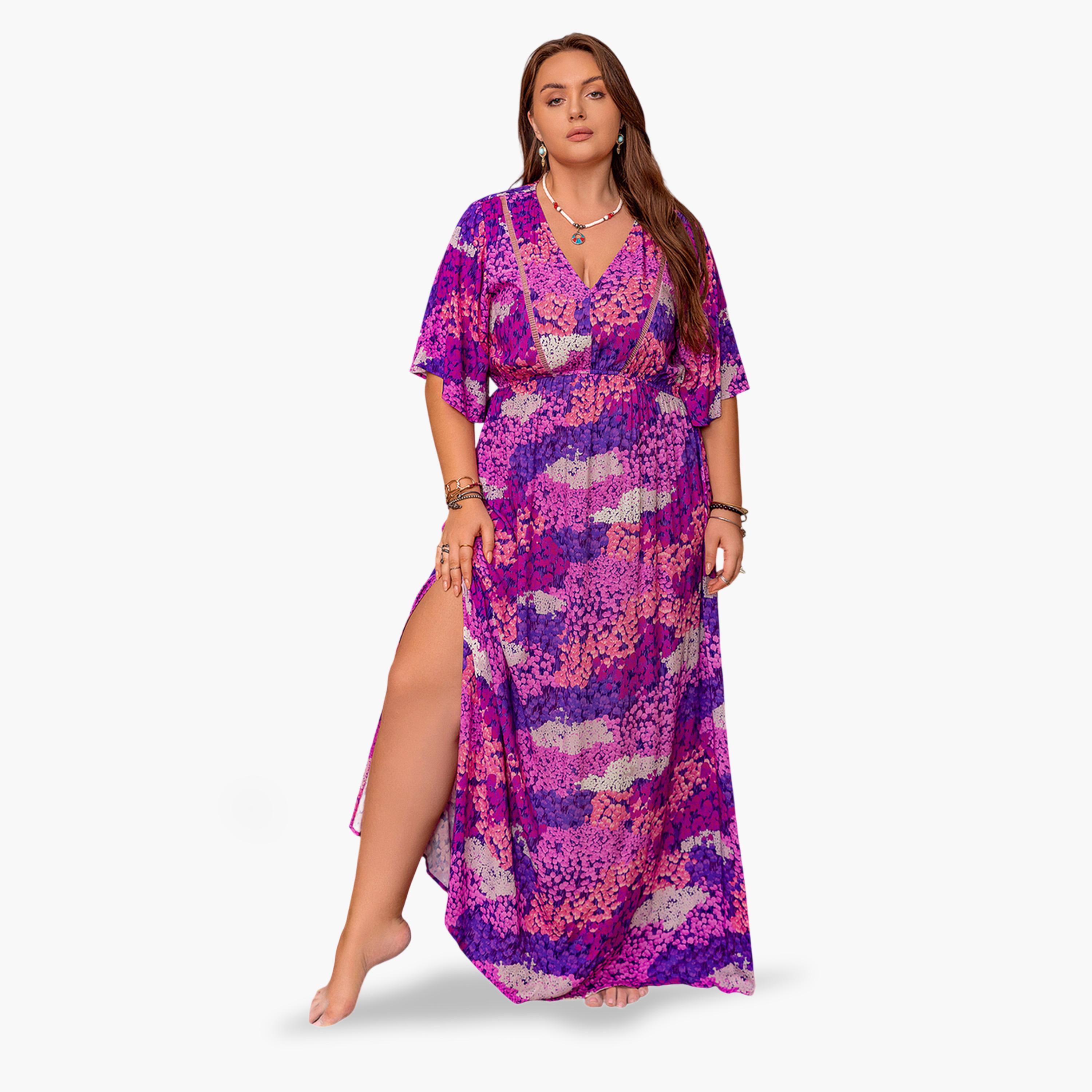 فستان طويل بحافة واسعة بمقاس كبير وطبعة أزهار-women-clothing-dresses-image-1