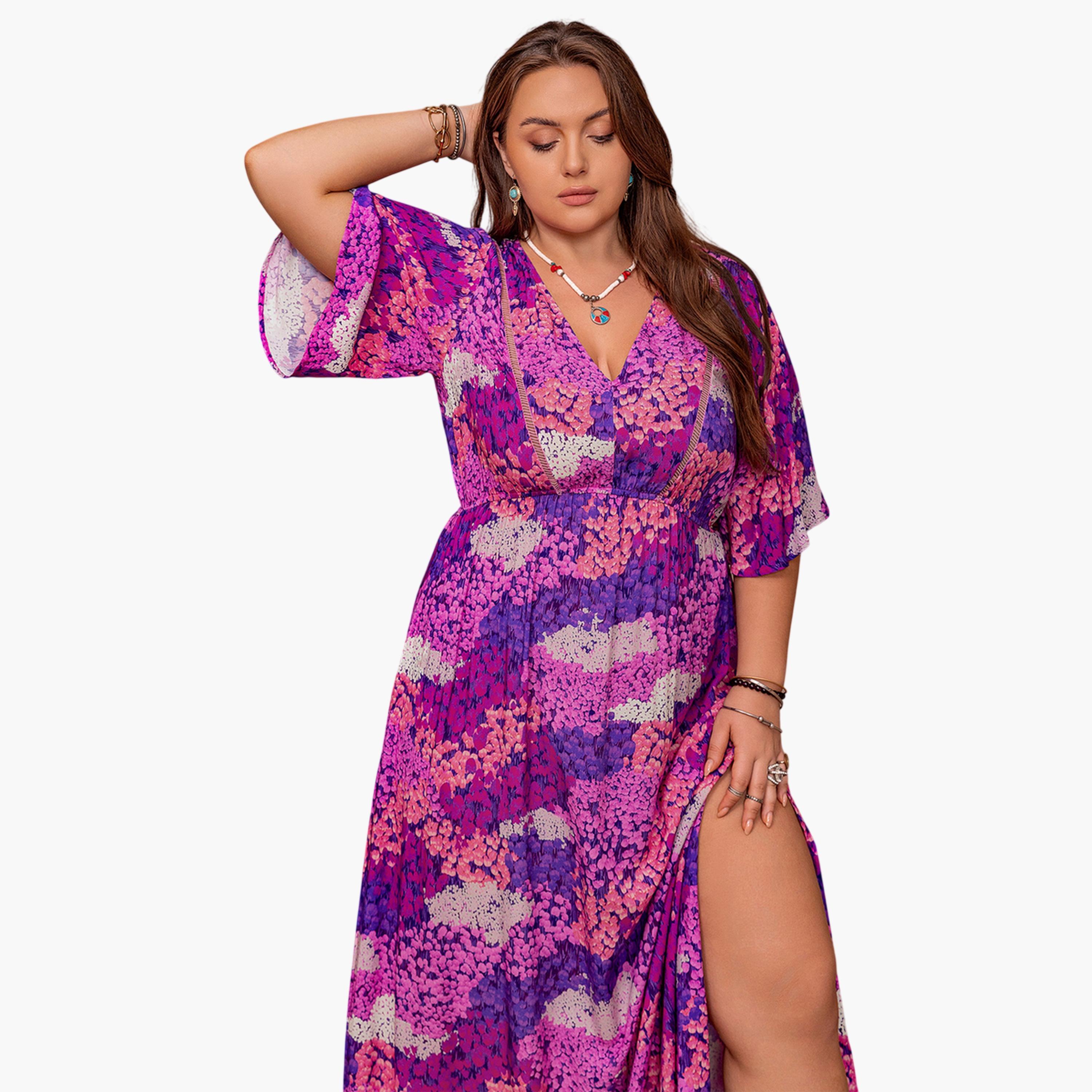 فستان طويل بحافة واسعة بمقاس كبير وطبعة أزهار-women-clothing-dresses-image-3