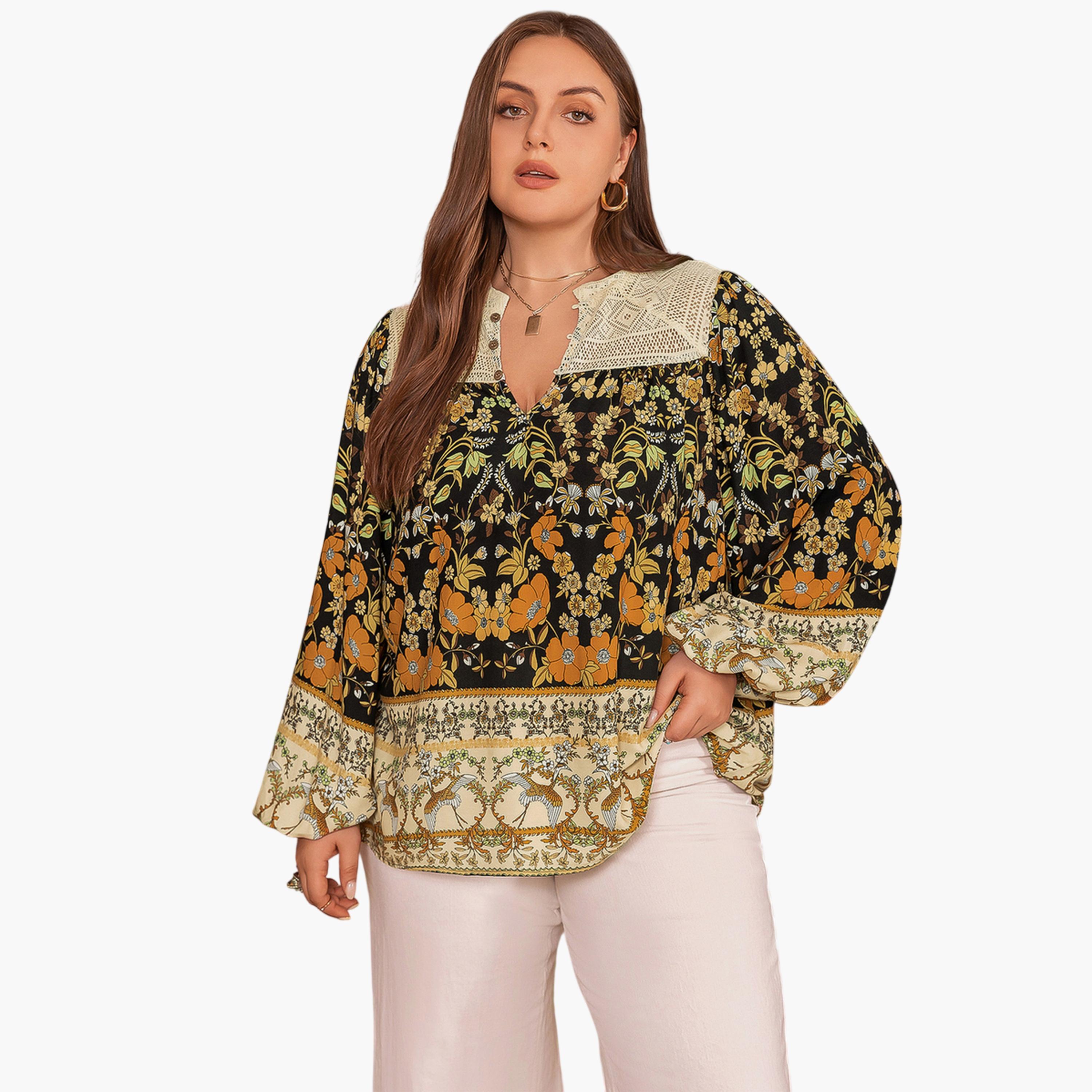 Take Two Multi-Color Floral Long Sleeve Plus Size Tunic Top-women-clothing-plussize-shirtsandblouses-blouses-image-1