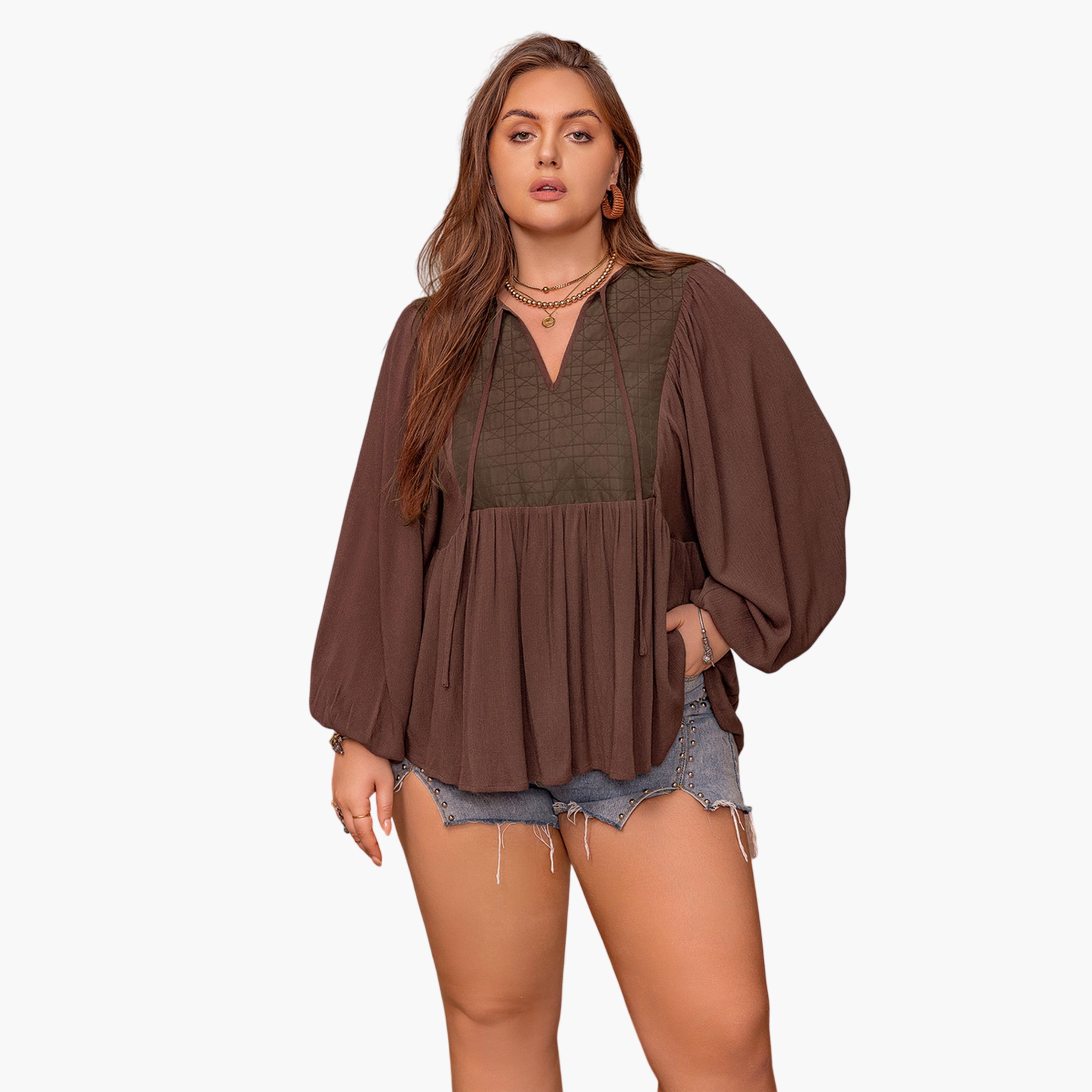 بلوزة طويلة بمقاس كبير وأكمام طويلة بني قهوة-women-clothing-plussize-shirtsandblouses-blouses-image-1