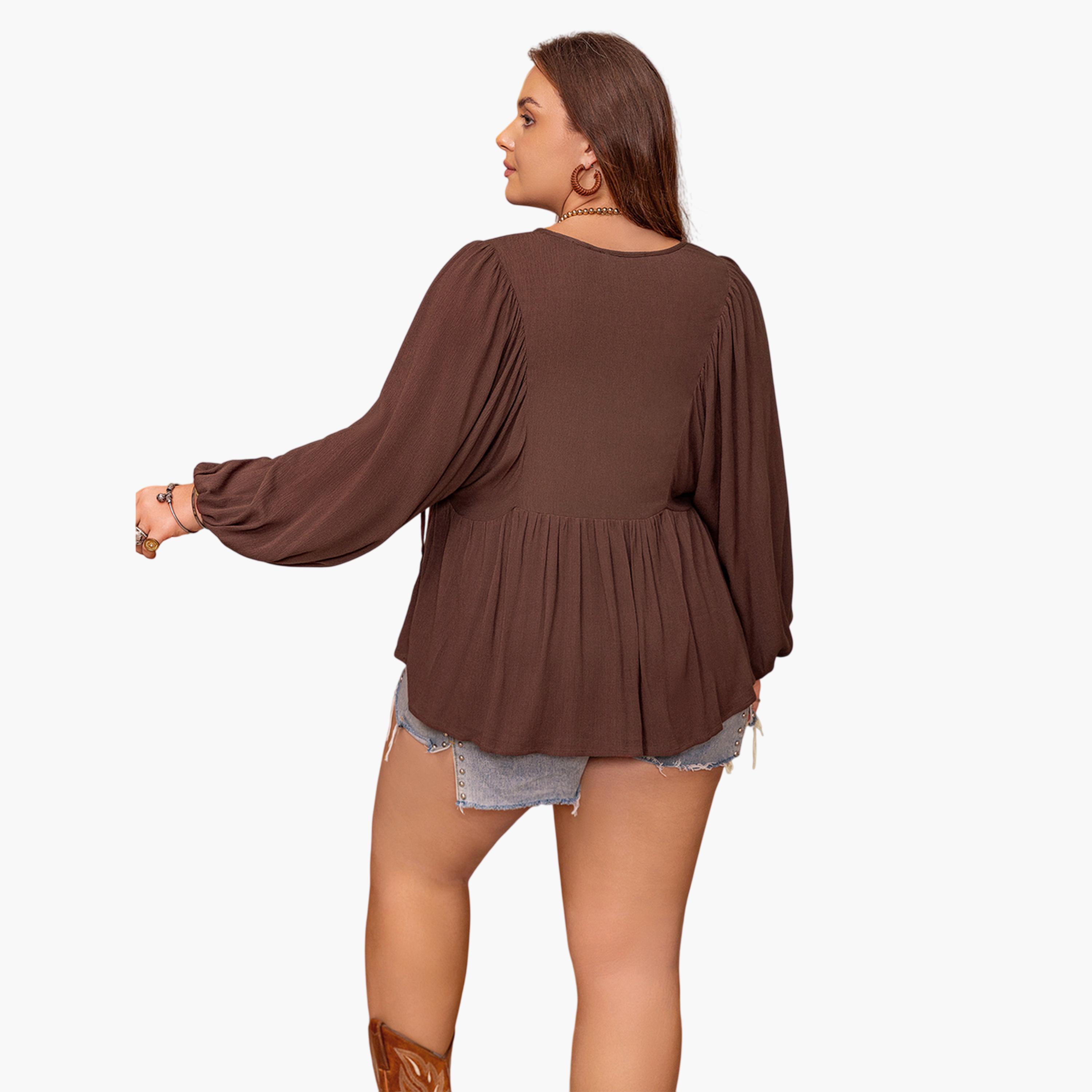 بلوزة طويلة بمقاس كبير وأكمام طويلة بني قهوة-women-clothing-plussize-shirtsandblouses-blouses-image-2