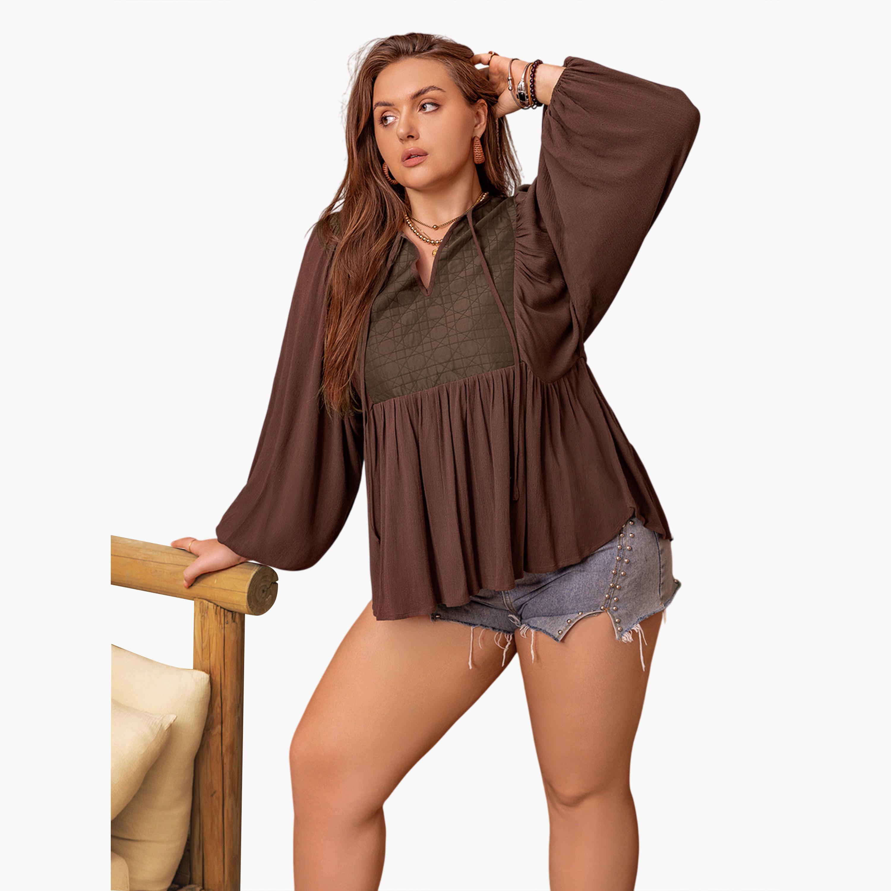 بلوزة طويلة بمقاس كبير وأكمام طويلة بني قهوة-women-clothing-plussize-shirtsandblouses-blouses-image-3