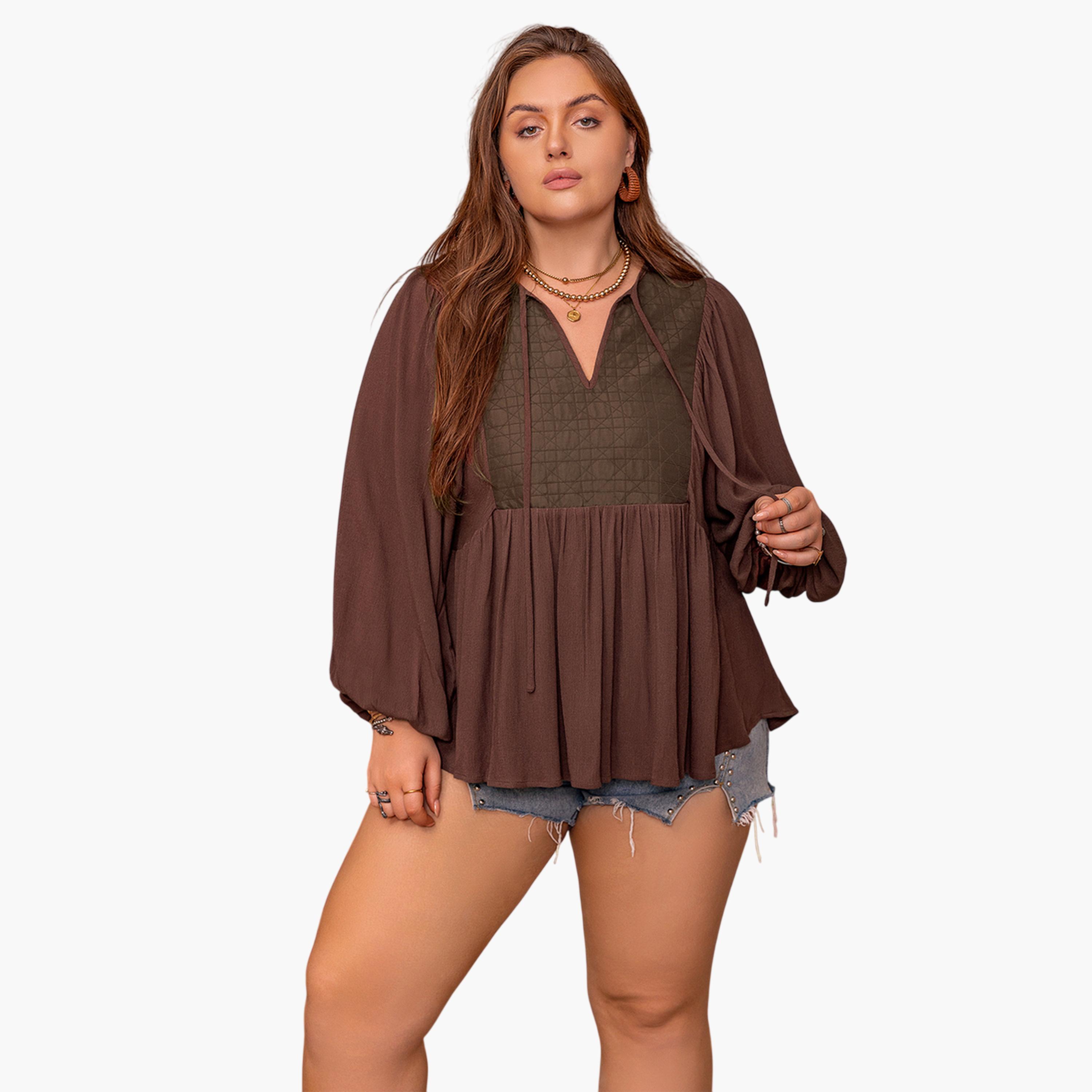 بلوزة طويلة بمقاس كبير وأكمام طويلة بني قهوة-women-clothing-plussize-shirtsandblouses-blouses-image-4
