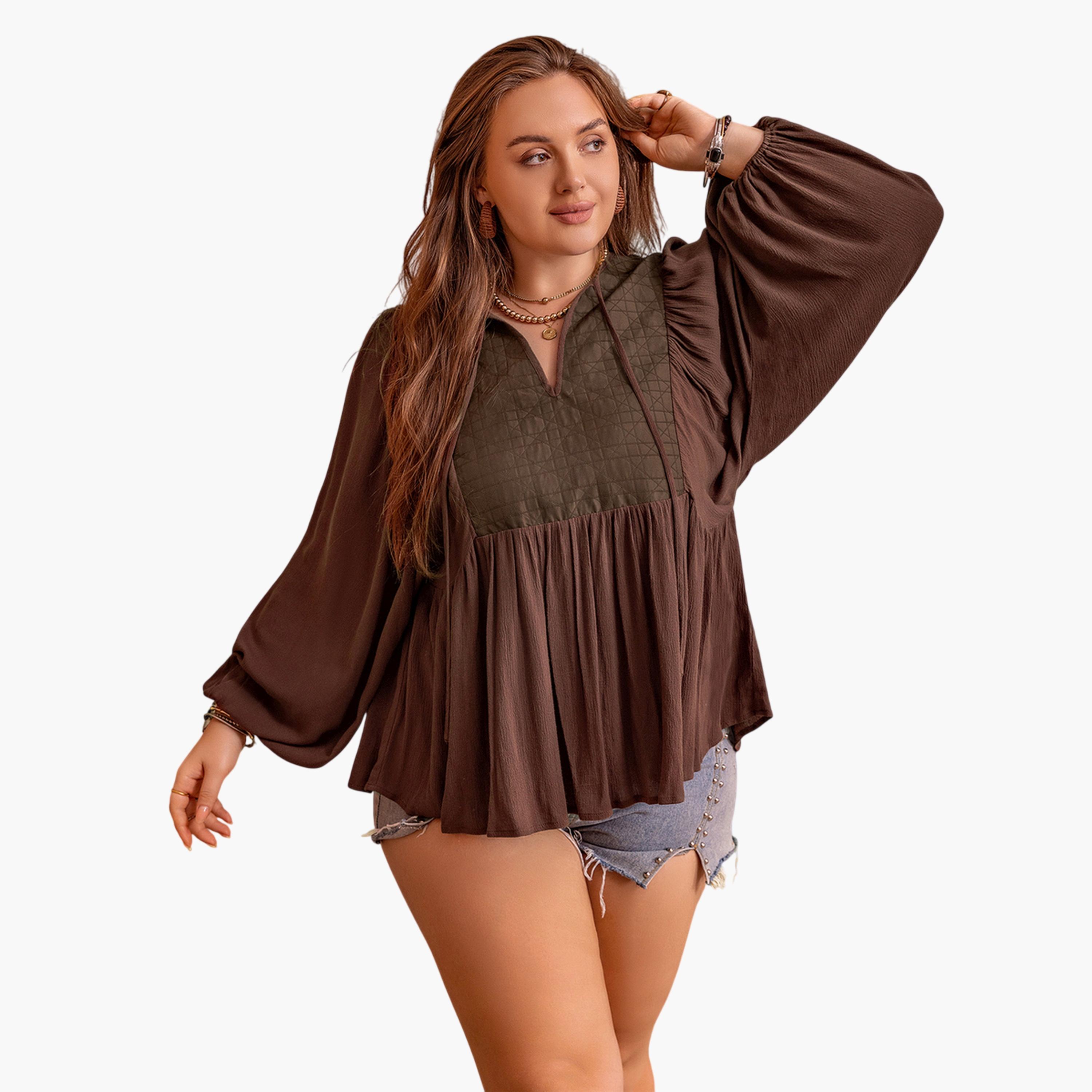 بلوزة طويلة بمقاس كبير وأكمام طويلة بني قهوة-women-clothing-plussize-shirtsandblouses-blouses-image-5