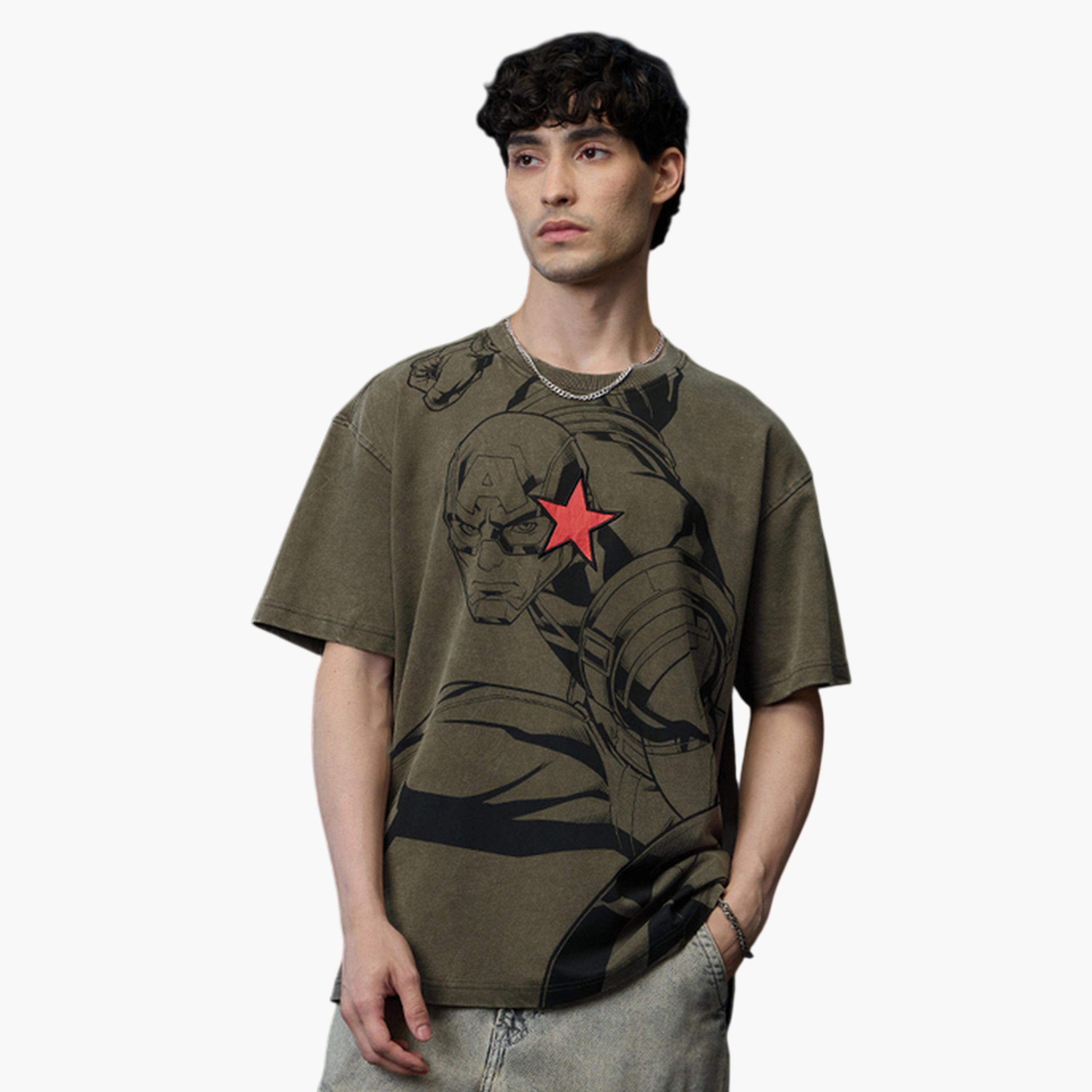 The Souled Store X Styli Mens Olive Graphic Captain America Oversized T-Shirt-men-clothing-tshirtsandpolos-tshirts-image-1