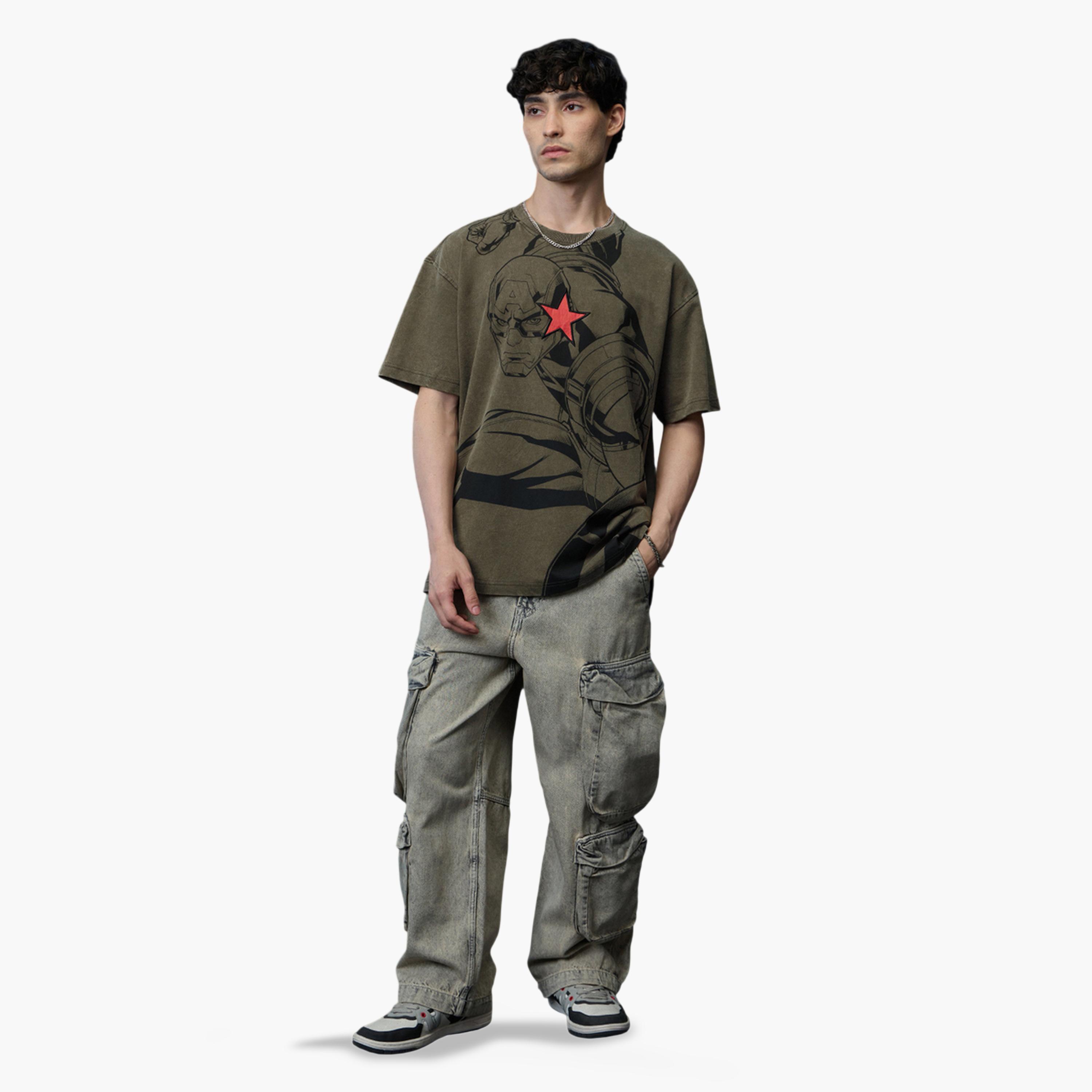 The Souled Store X Styli Mens Olive Graphic Captain America Oversized T-Shirt-men-clothing-tshirtsandpolos-tshirts-image-2
