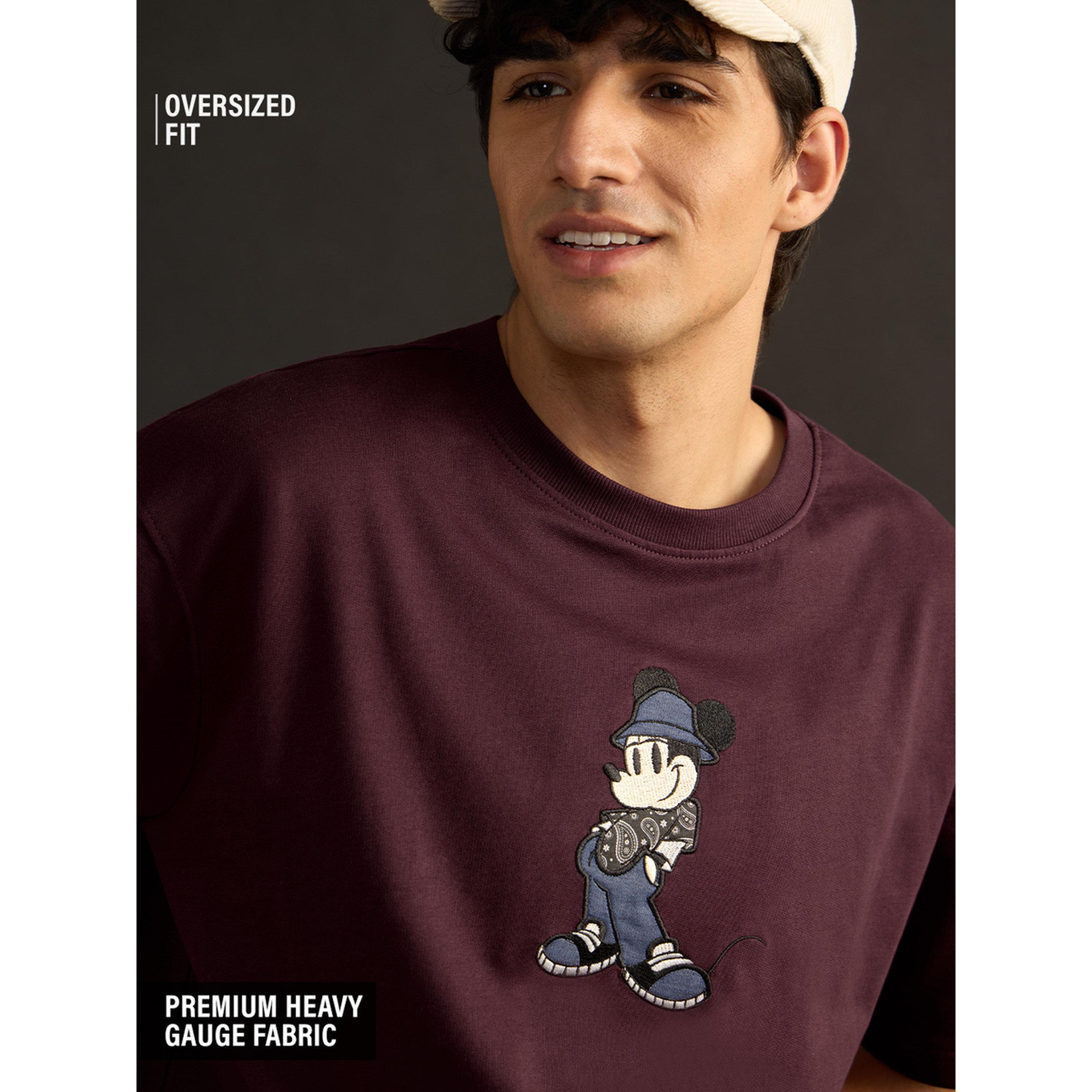 The Souled Store X Styli Men Burgundy Embroidered Mickey Mouse Oversized T-Shirt-men-clothing-tshirtsandpolos-tshirts-image-3