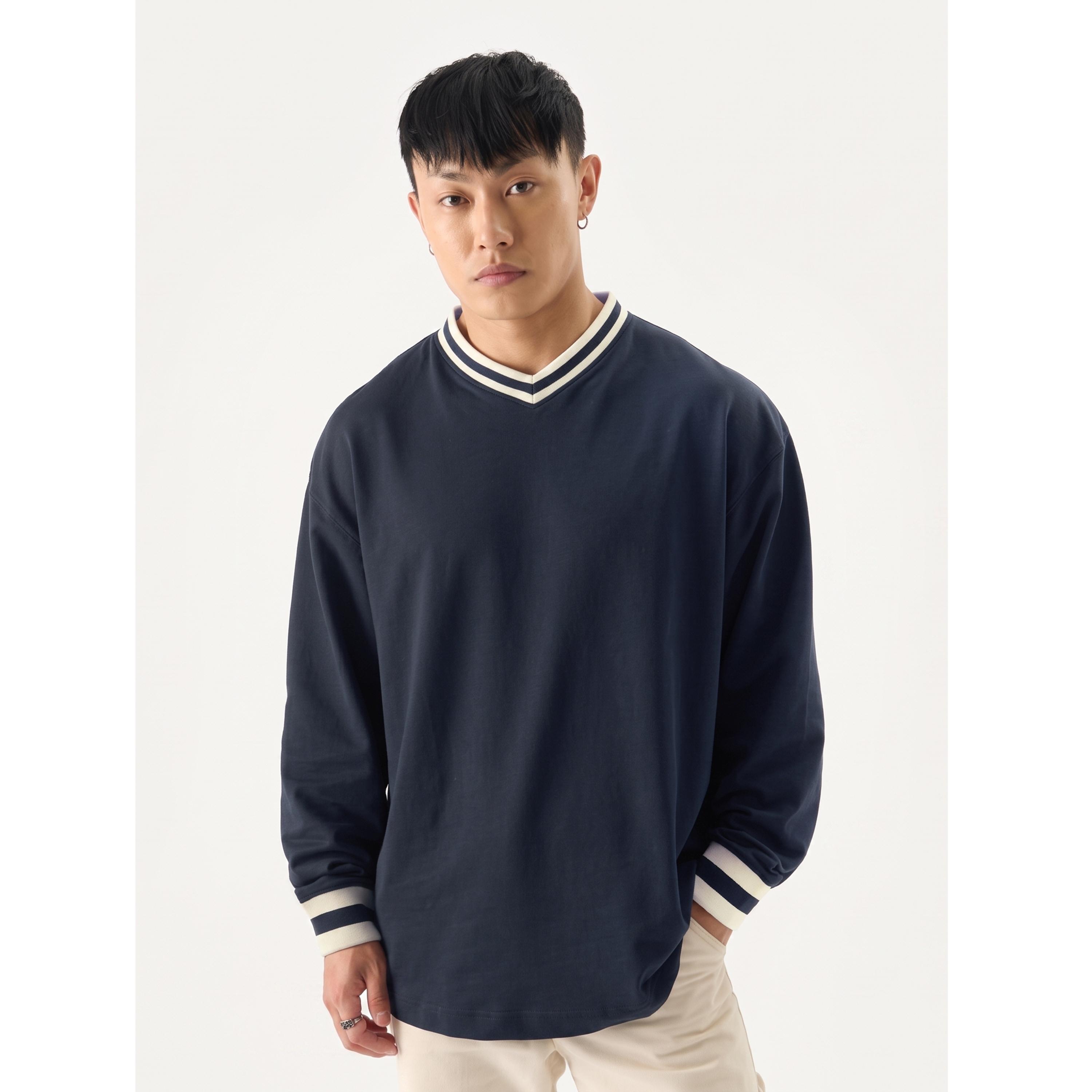 The Souled Store X Styli Men Navy Blue Oversized V-Neck T-Shirt with Striped Cuffs-men-clothing-tshirtsandpolos-tshirts-image-1