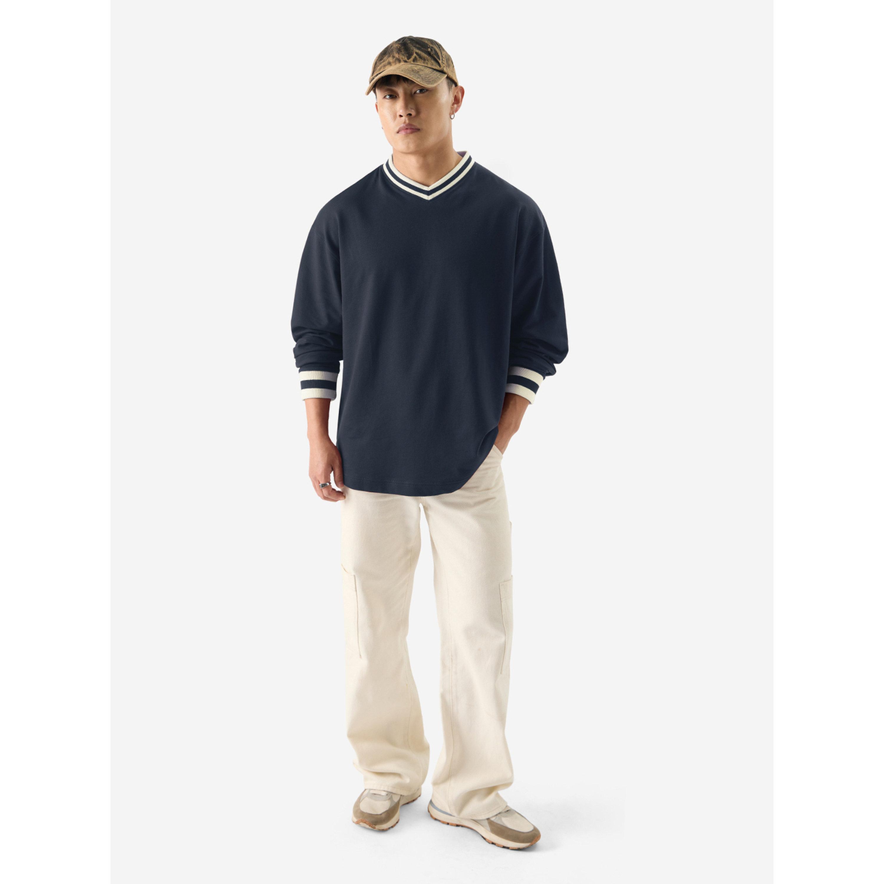The Souled Store X Styli Men Navy Blue Oversized V-Neck T-Shirt with Striped Cuffs-men-clothing-tshirtsandpolos-tshirts-image-2