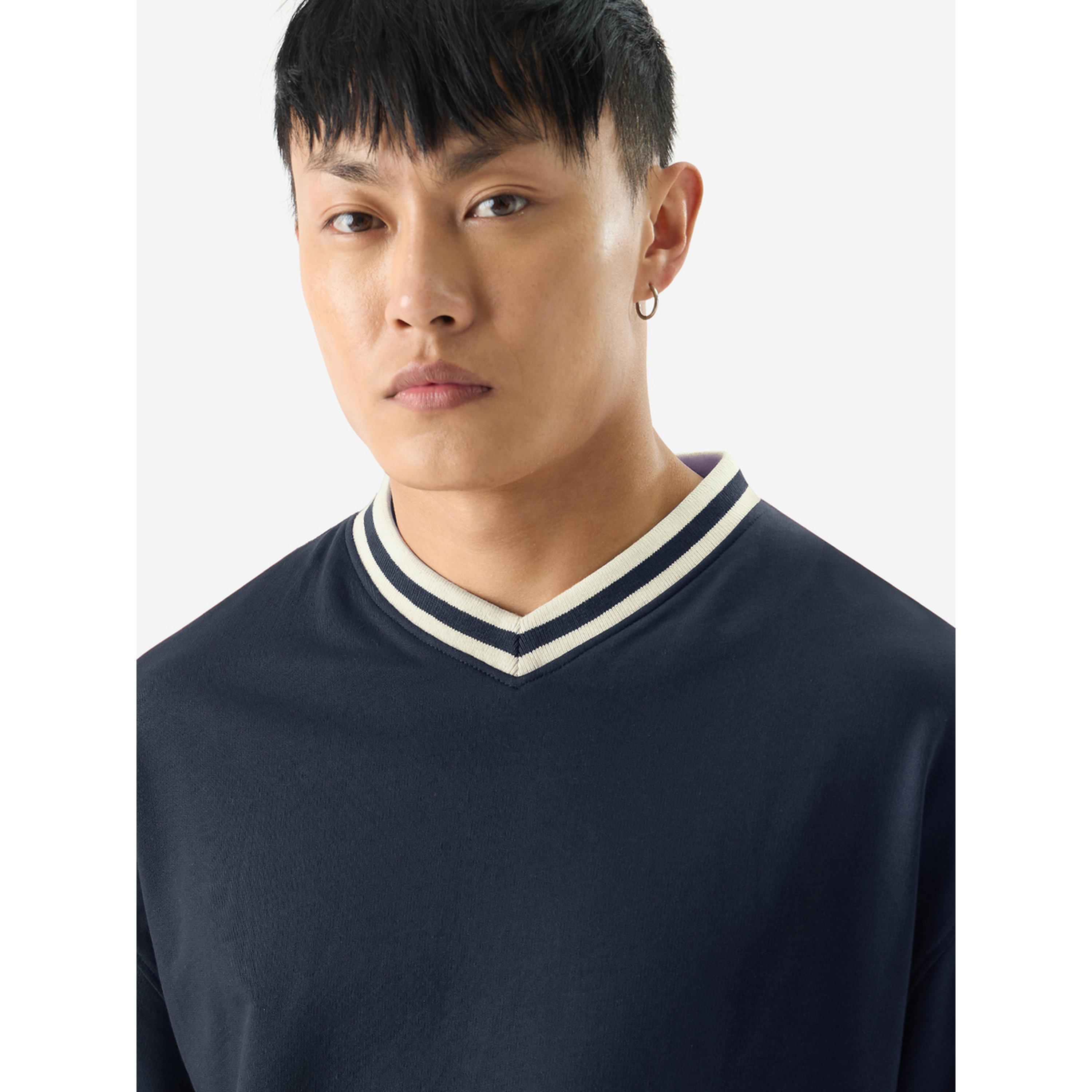 The Souled Store X Styli Men Navy Blue Oversized V-Neck T-Shirt with Striped Cuffs-men-clothing-tshirtsandpolos-tshirts-image-5