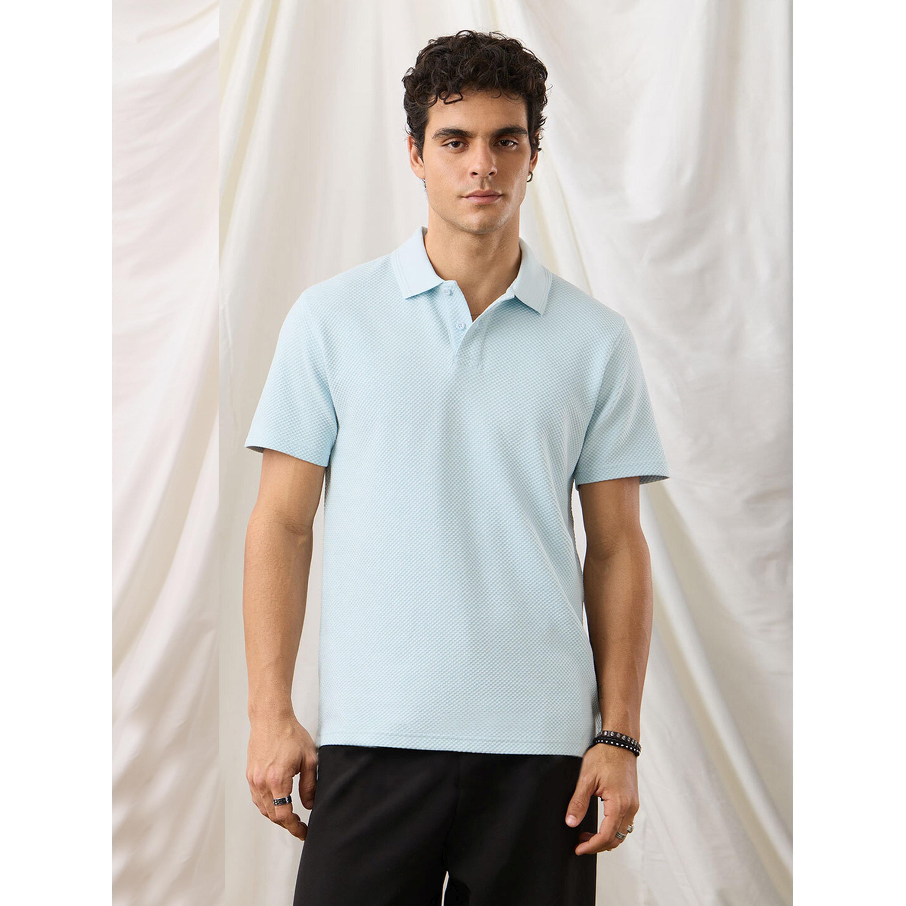 The Souled Store X Styli Men Sky Blue Textured Classic Fit Cotton Polo T-Shirt-men-clothing-tshirtsandpolos-polos-image-1