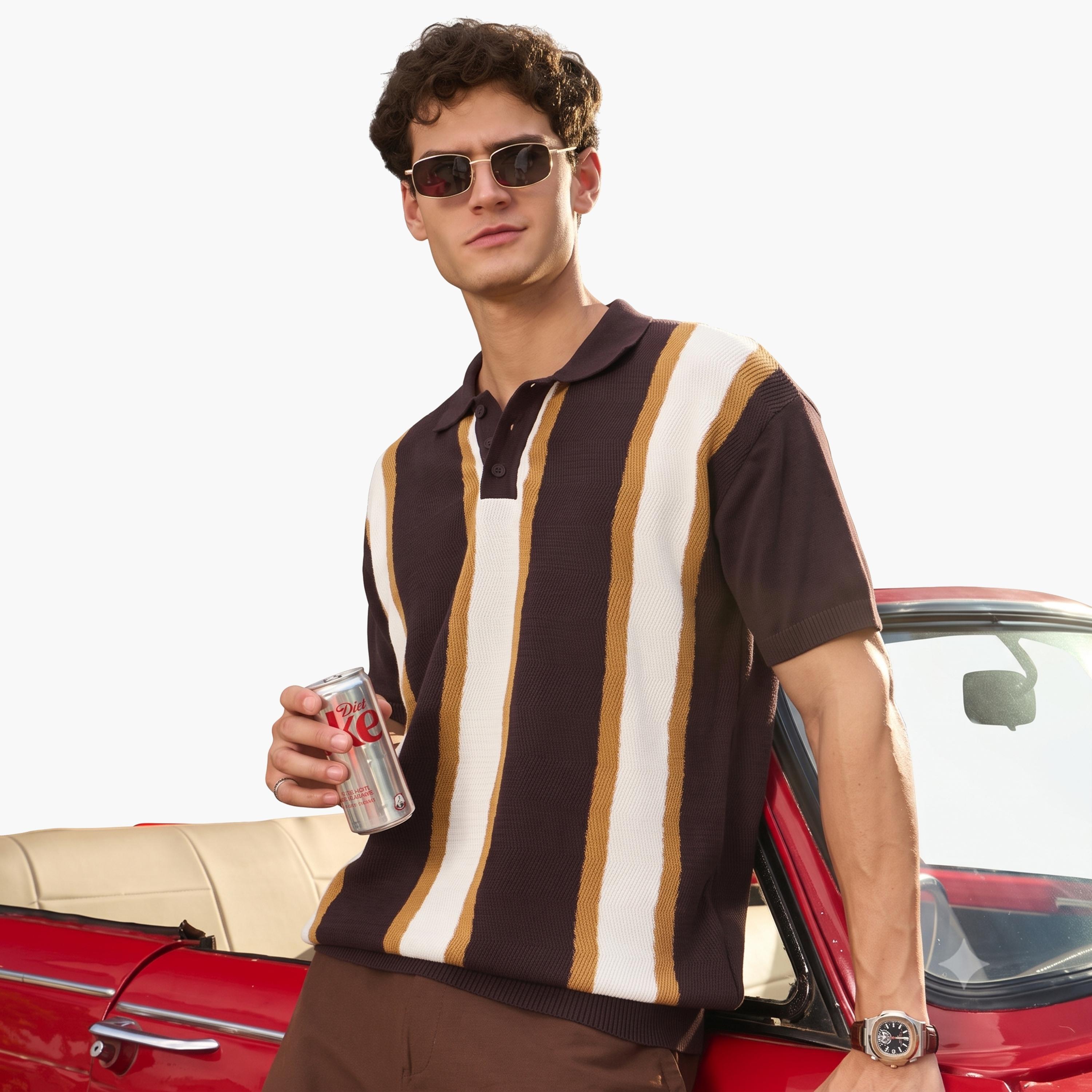 تيشيرت بولو رجالي محبوك بقصة مريحة مخطط بنمط كتل الألوان-men-clothing-tshirtsandpolos-polos-image-1