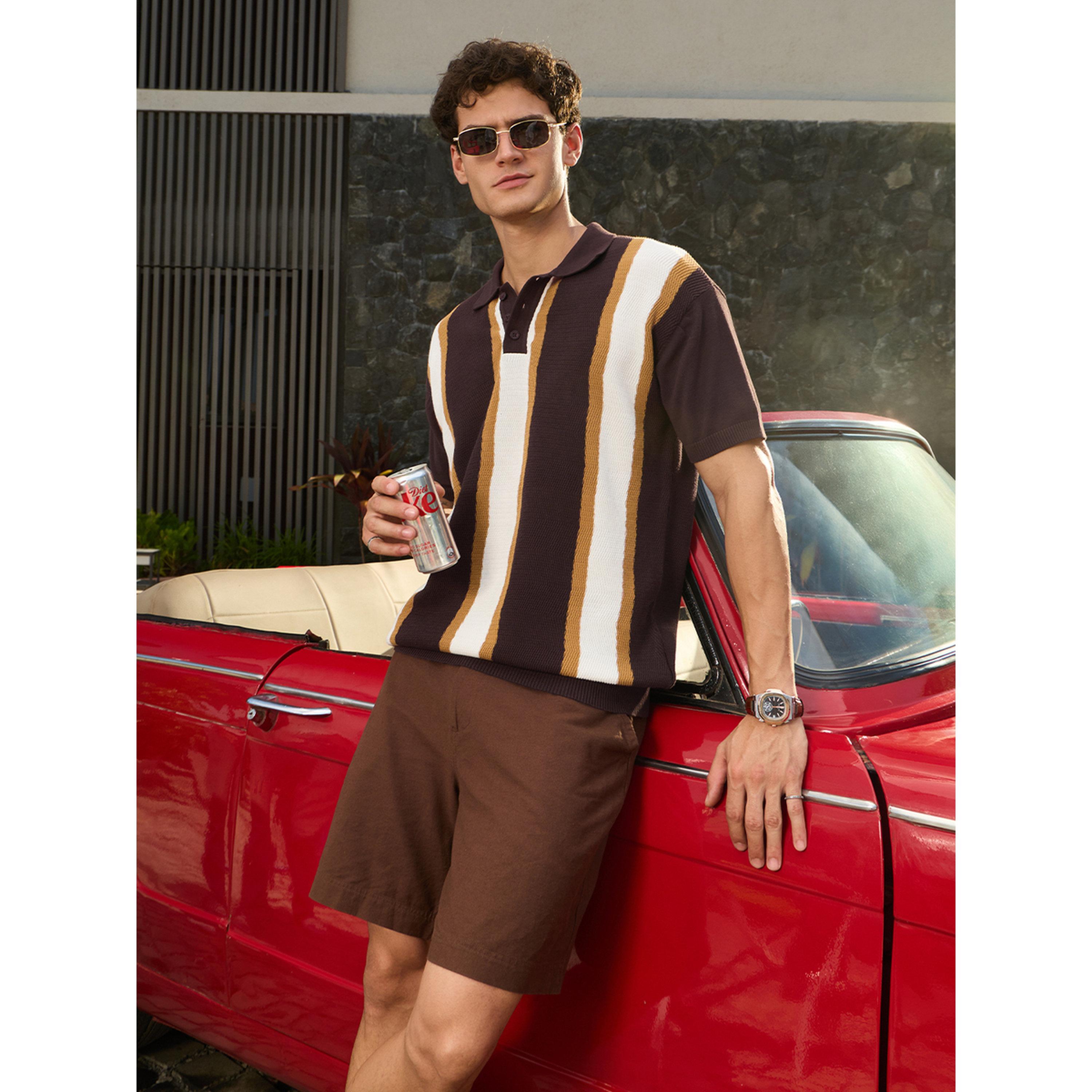 تيشيرت بولو رجالي محبوك بقصة مريحة مخطط بنمط كتل الألوان-men-clothing-tshirtsandpolos-polos-image-2