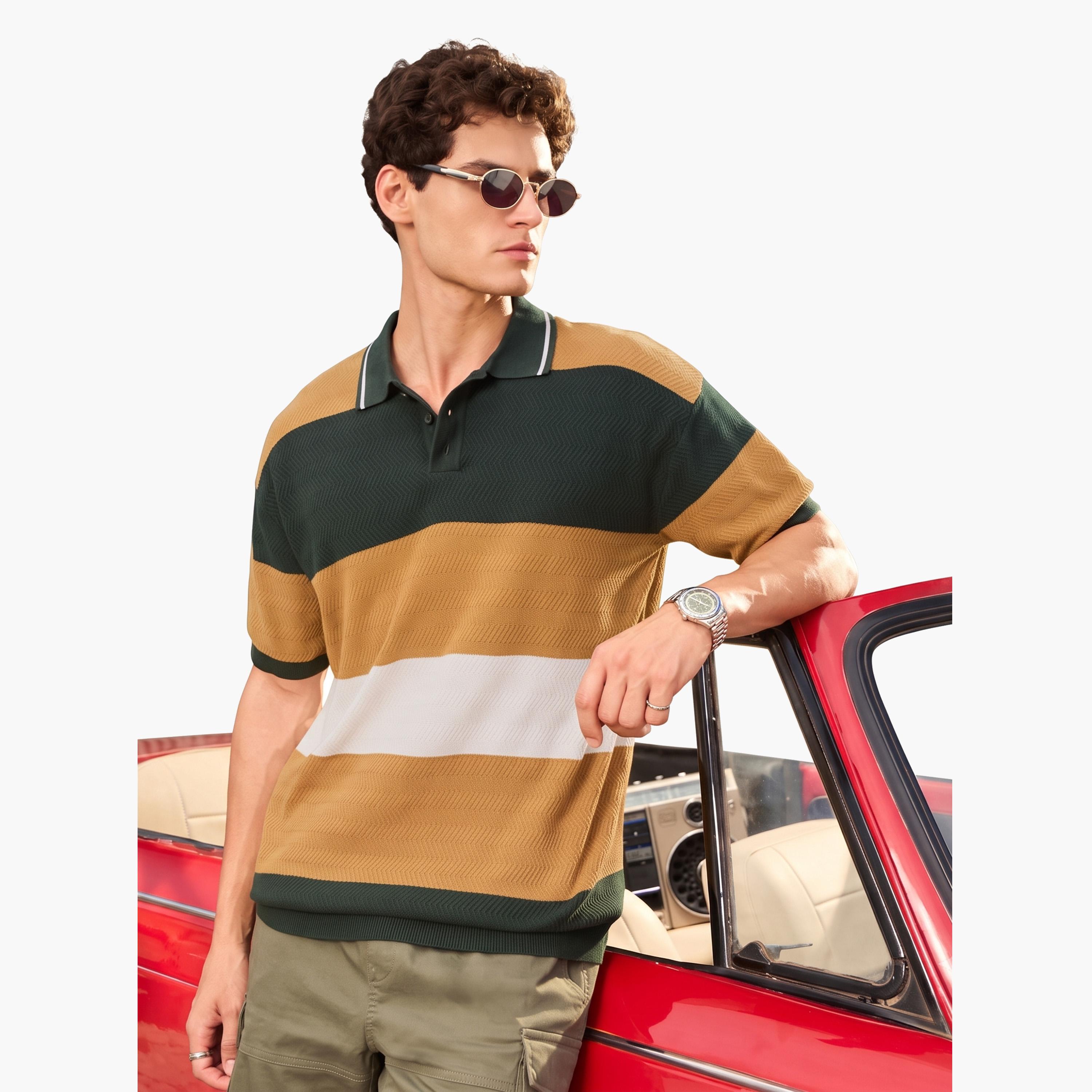 تيشيرت بولو رجالي محبوك بقصة مريحة بنمط كتل الألوان متعدد الألوان-men-clothing-tshirtsandpolos-polos-image-1