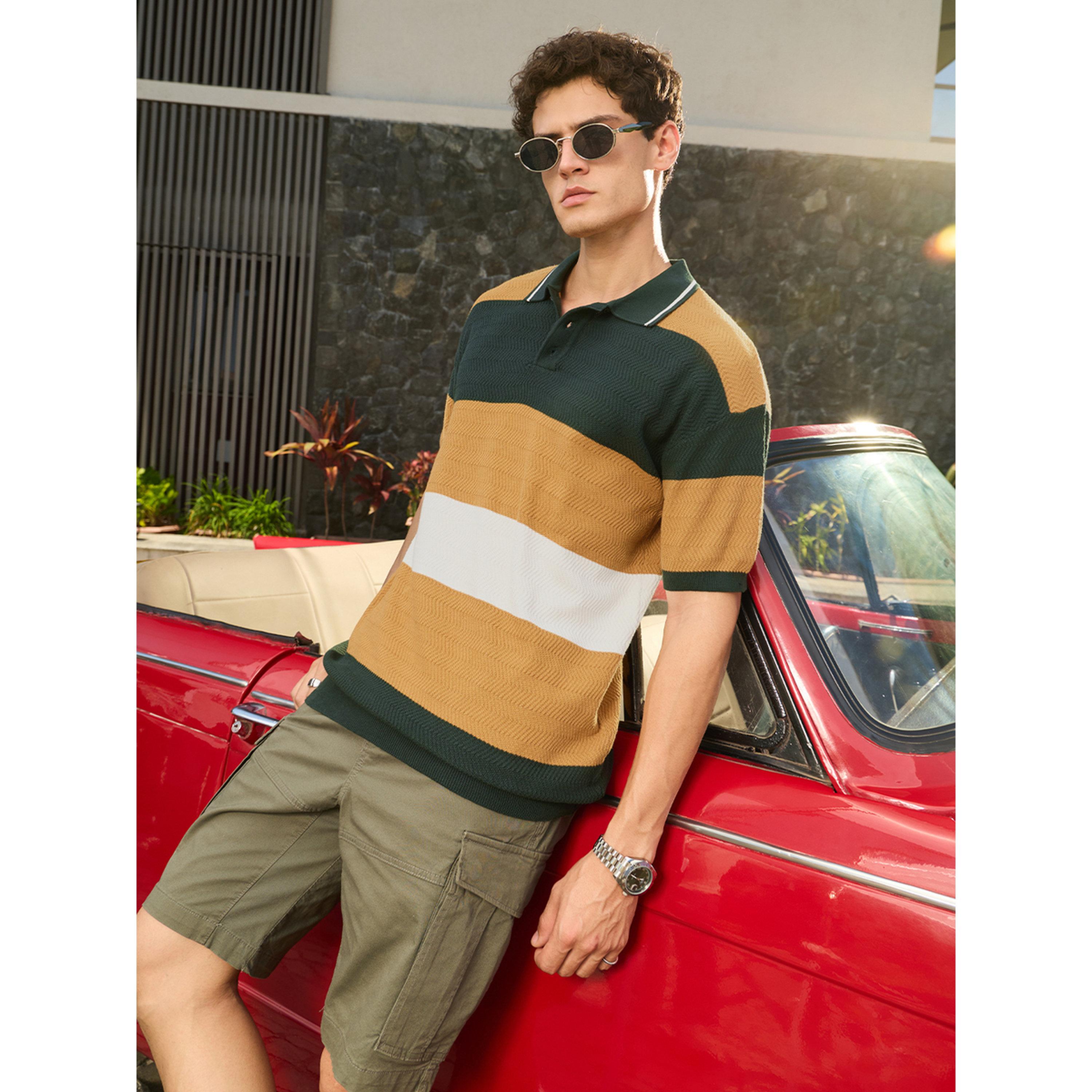 تيشيرت بولو رجالي محبوك بقصة مريحة بنمط كتل الألوان متعدد الألوان-men-clothing-tshirtsandpolos-polos-image-2