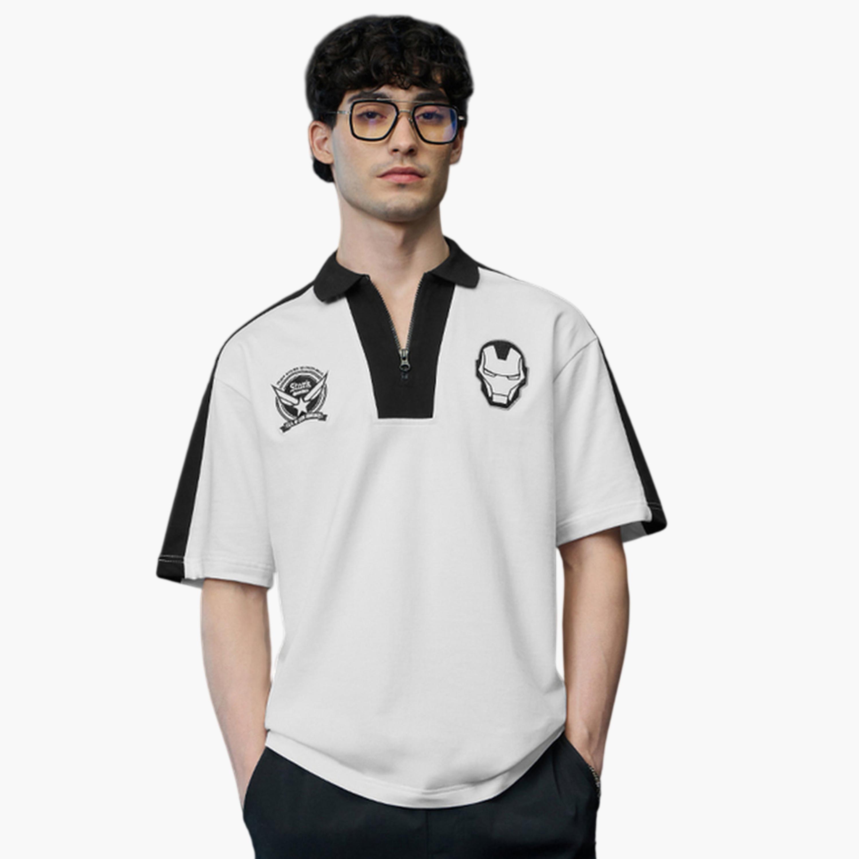 تيشيرت بولو رجالي أبيض بأكمام قصيرة وتطريز آيرون مان-men-clothing-tshirtsandpolos-polos-image-1