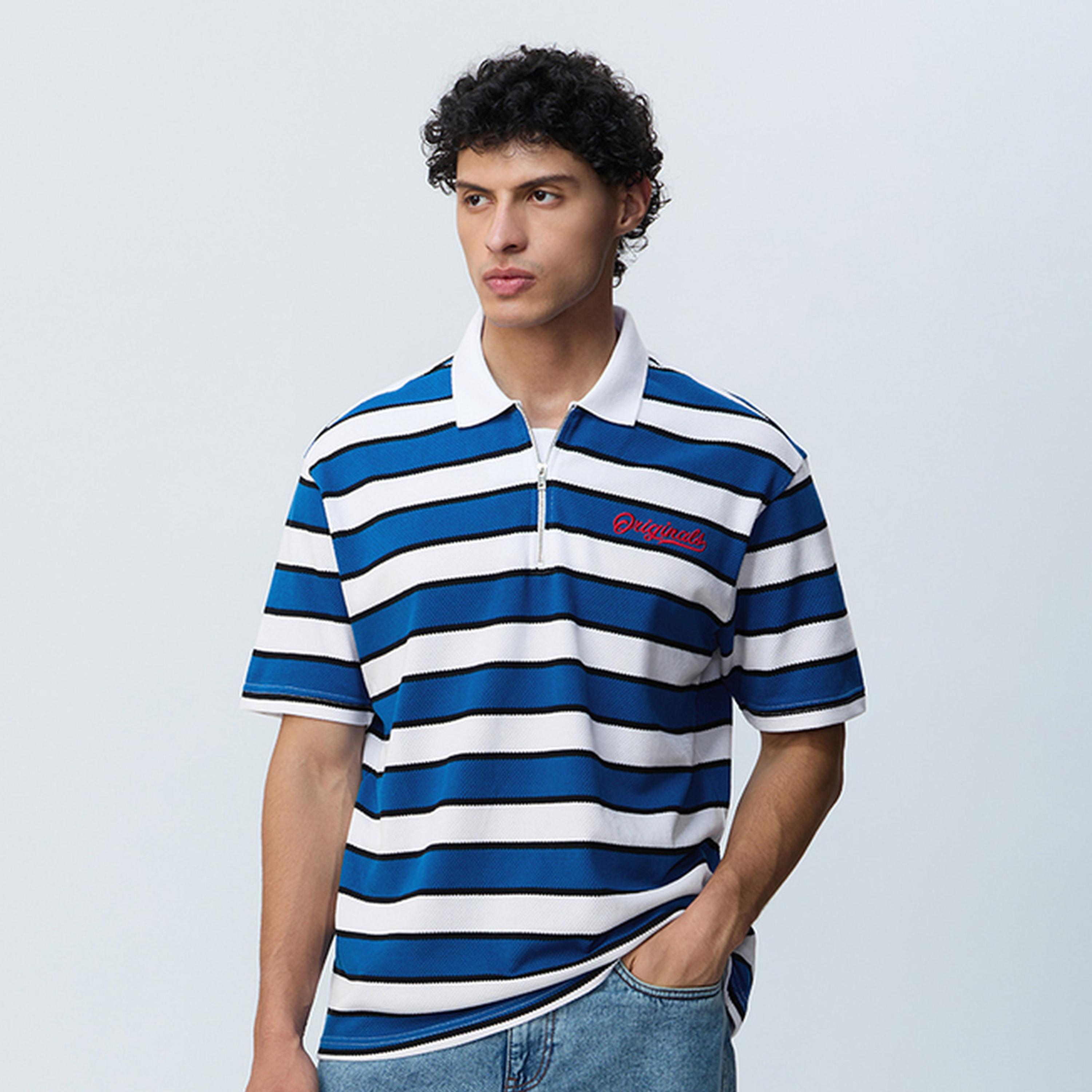 The Souled Store X Styli Men Blue Cotton Short Sleeve Striped Polo T-Shirt-men-clothing-tshirtsandpolos-polos-image-1