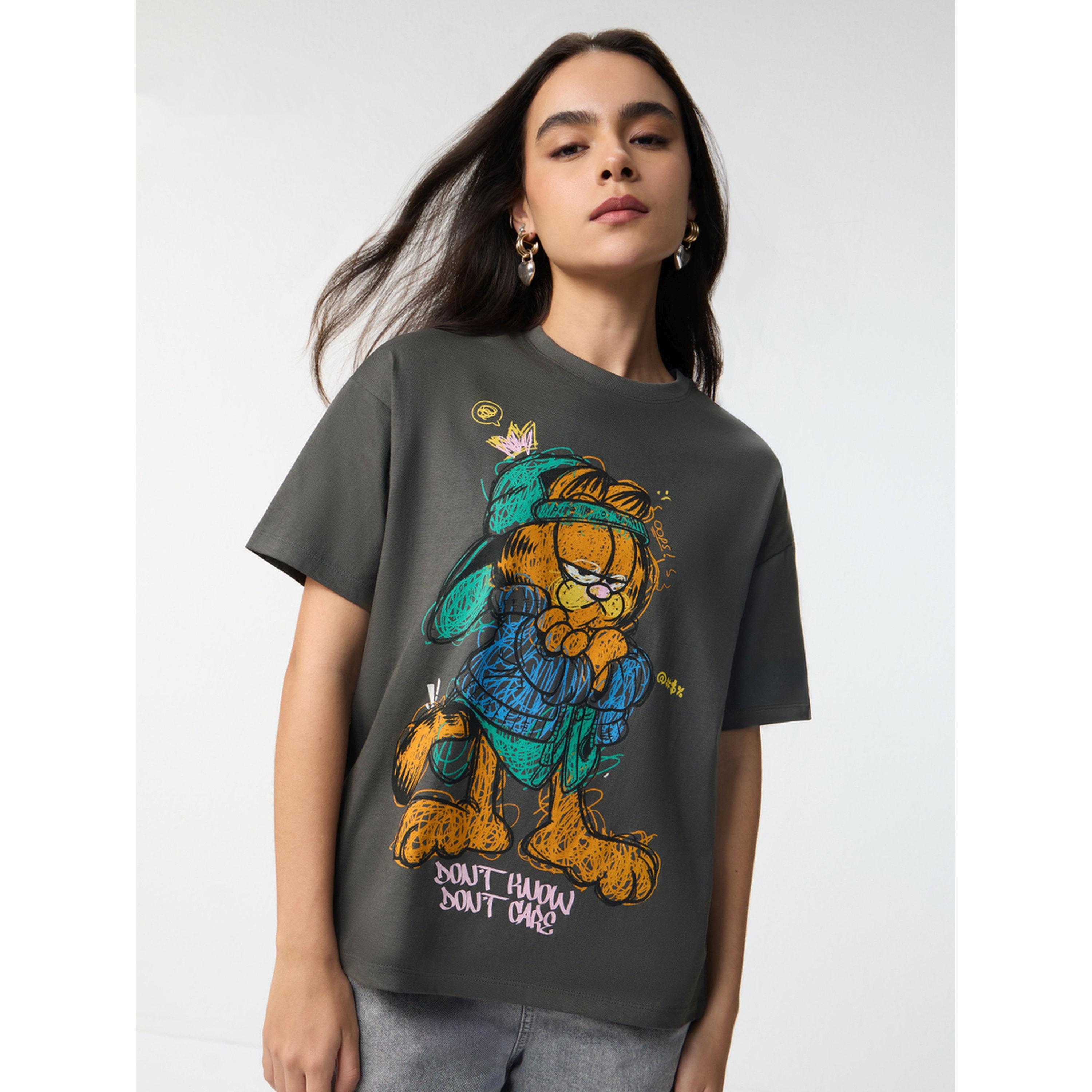 The Souled Store X Styli Charcoal Garfield Graphic Oversized T-Shirt-women-clothing-tshirts-image-1