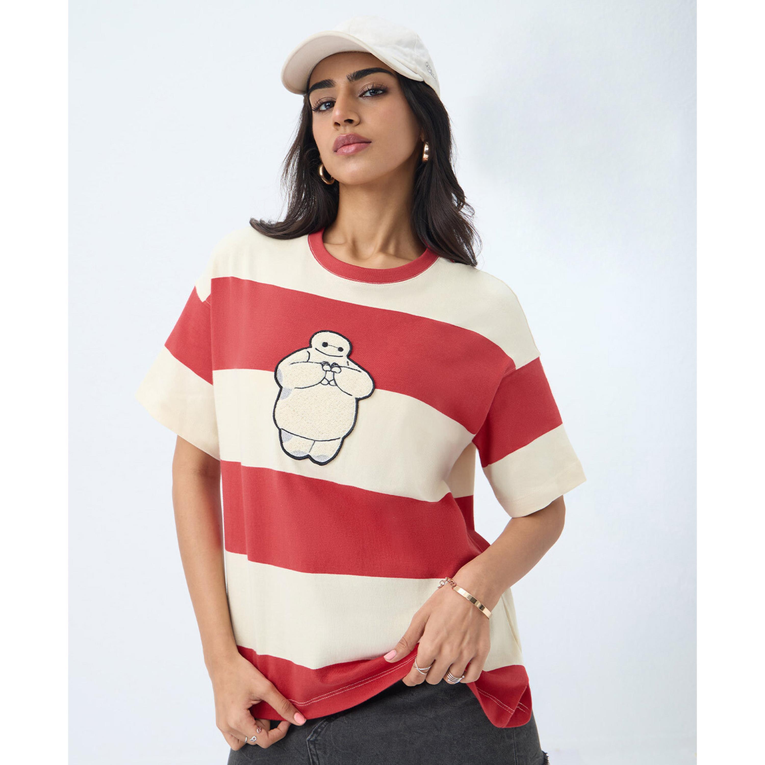 تيشيرت واسع مخطط بتطريز بايماكس-women-clothing-tshirts-image-1