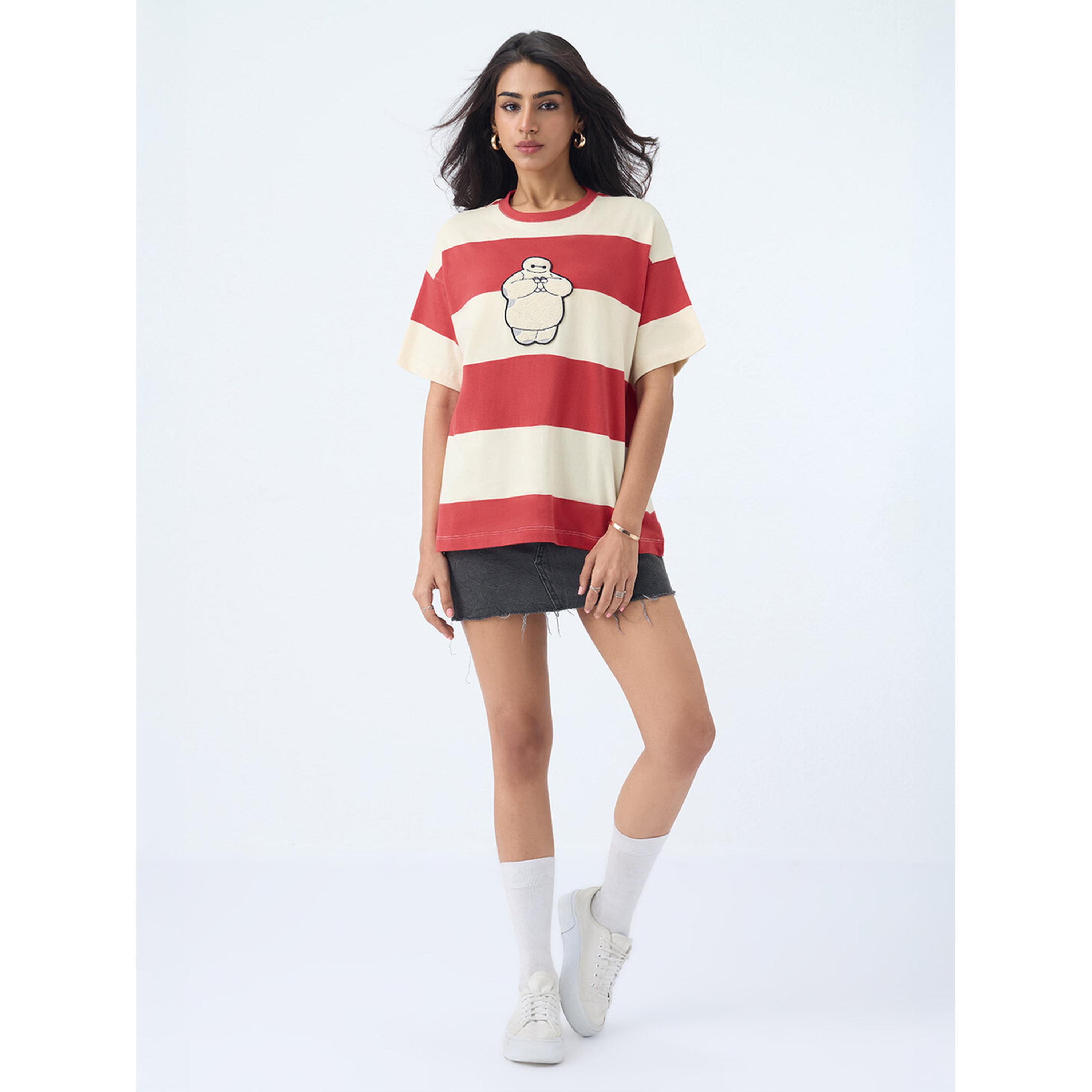 تيشيرت واسع مخطط بتطريز بايماكس-women-clothing-tshirts-image-2