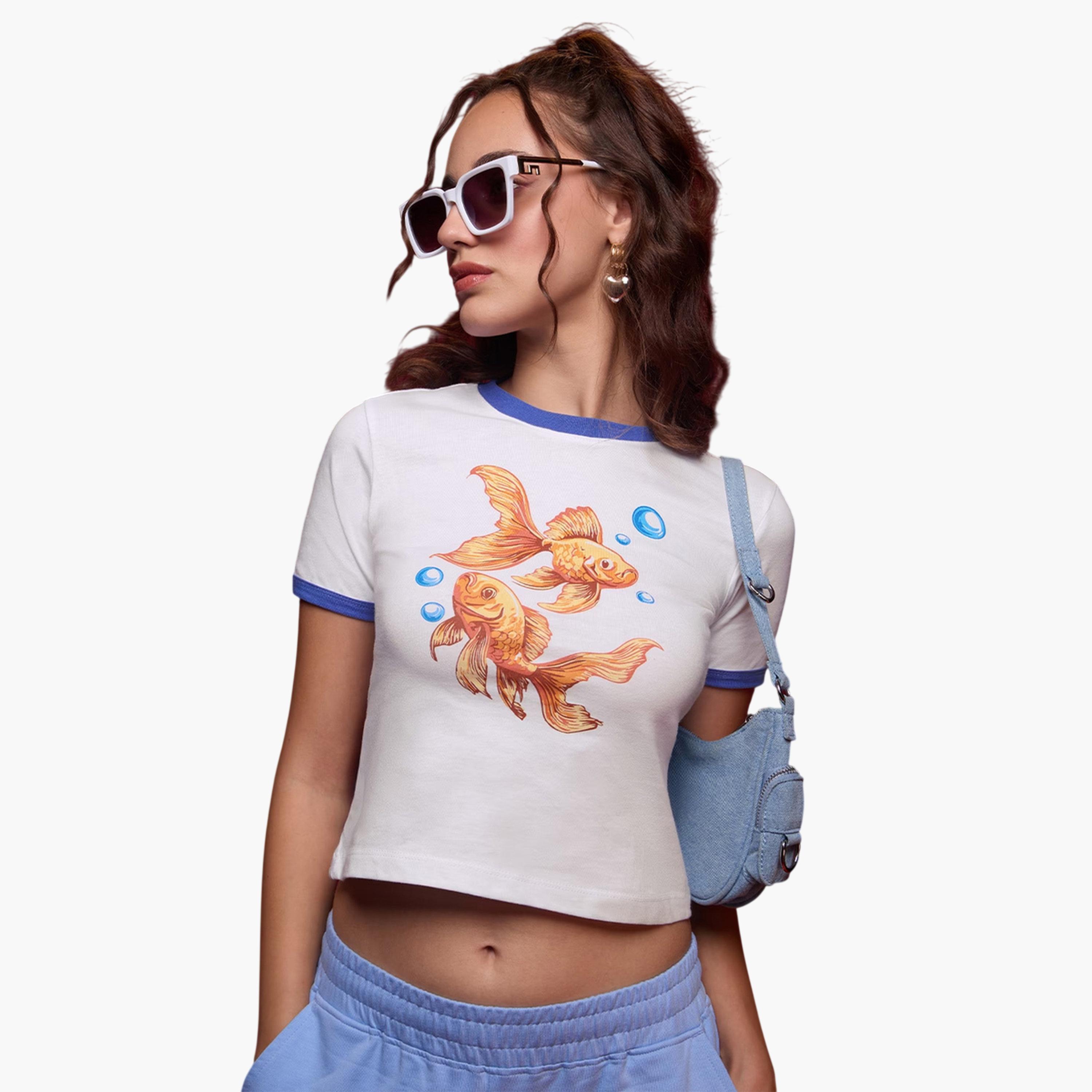 The Souled Store X Styli White Goldfish Print Crop Top T-Shirt-women-clothing-tshirts-image-1