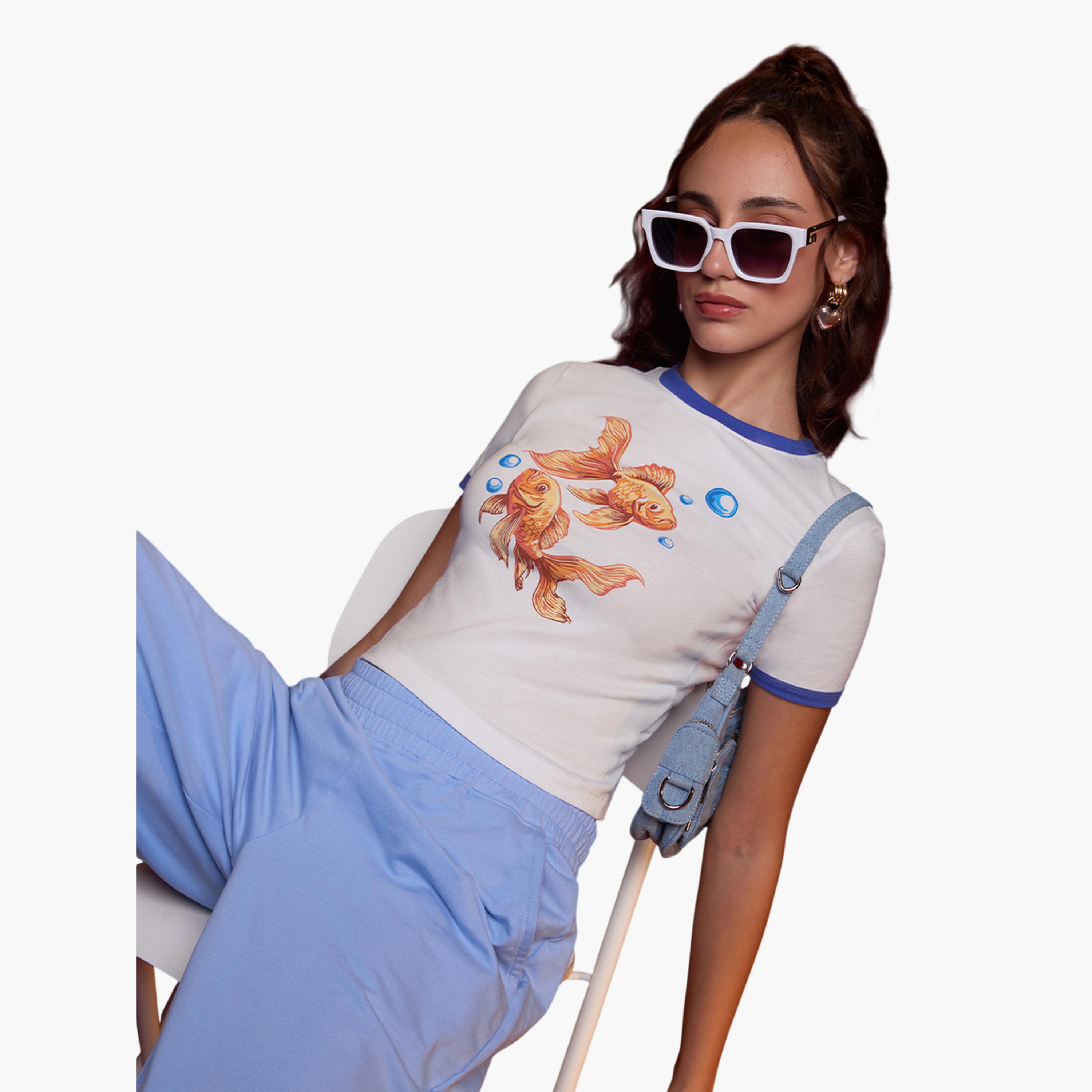 The Souled Store X Styli White Goldfish Print Crop Top T-Shirt-women-clothing-tshirts-image-3