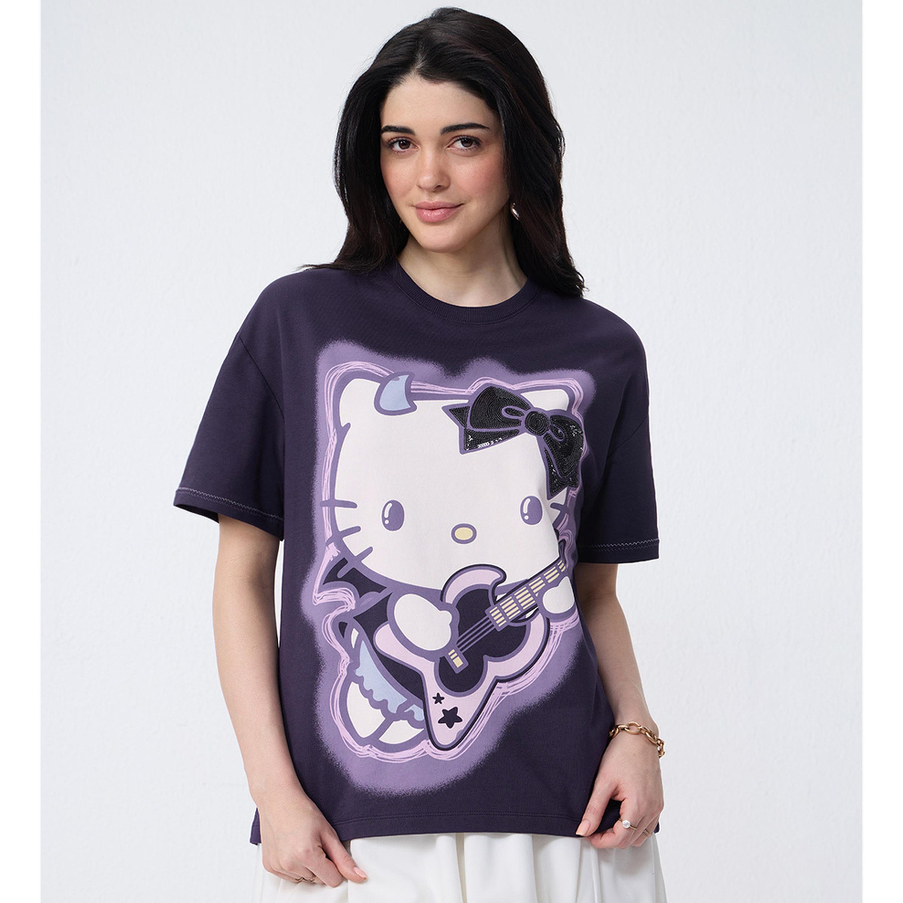 The Souled Store X Styli Purple Hello Kitty Graphic Oversized T-Shirt-women-clothing-tshirts-image-1