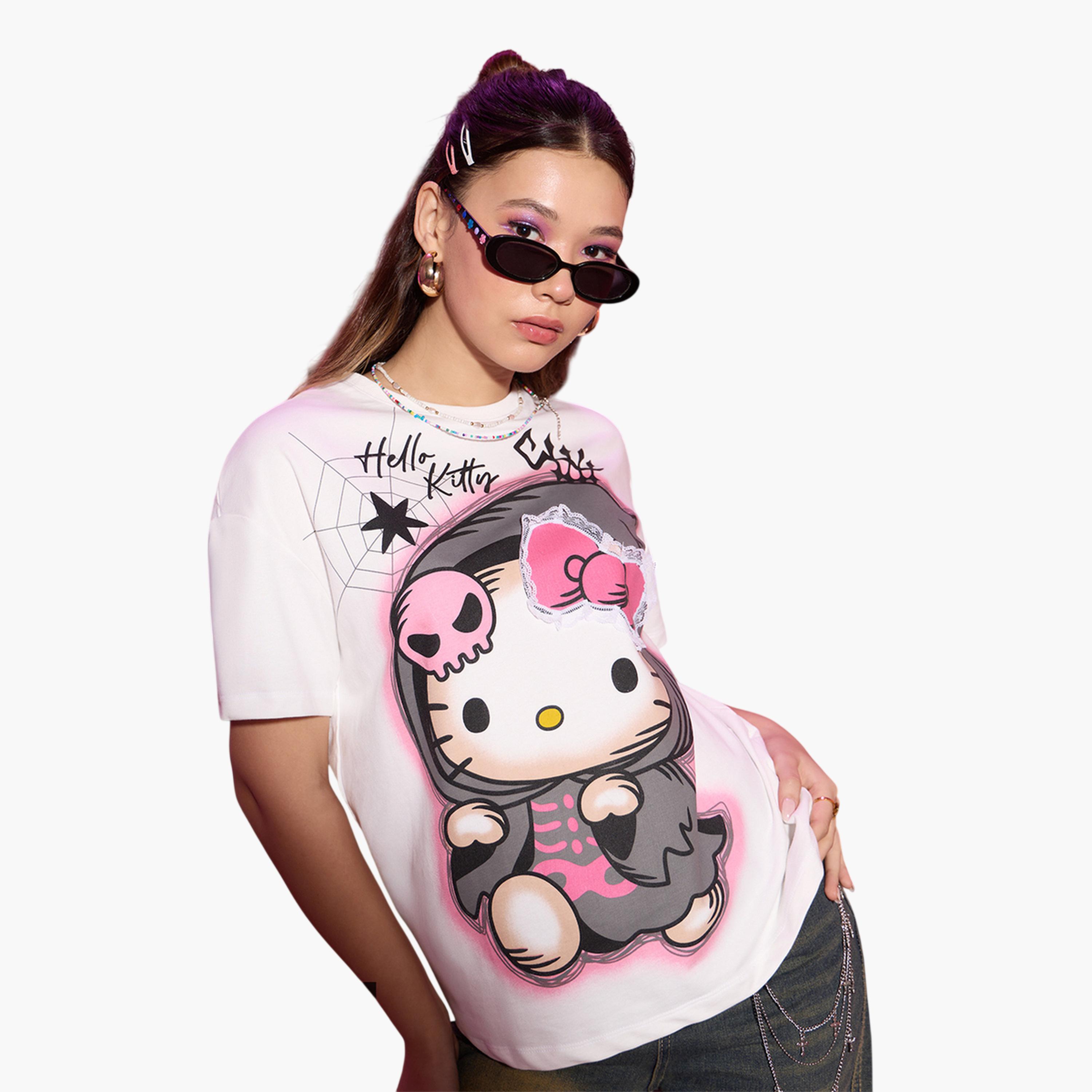 The Souled Store X Styli Hello Kitty Spooky Cute Graphic Oversized White T-Shirt-women-clothing-tshirts-image-1