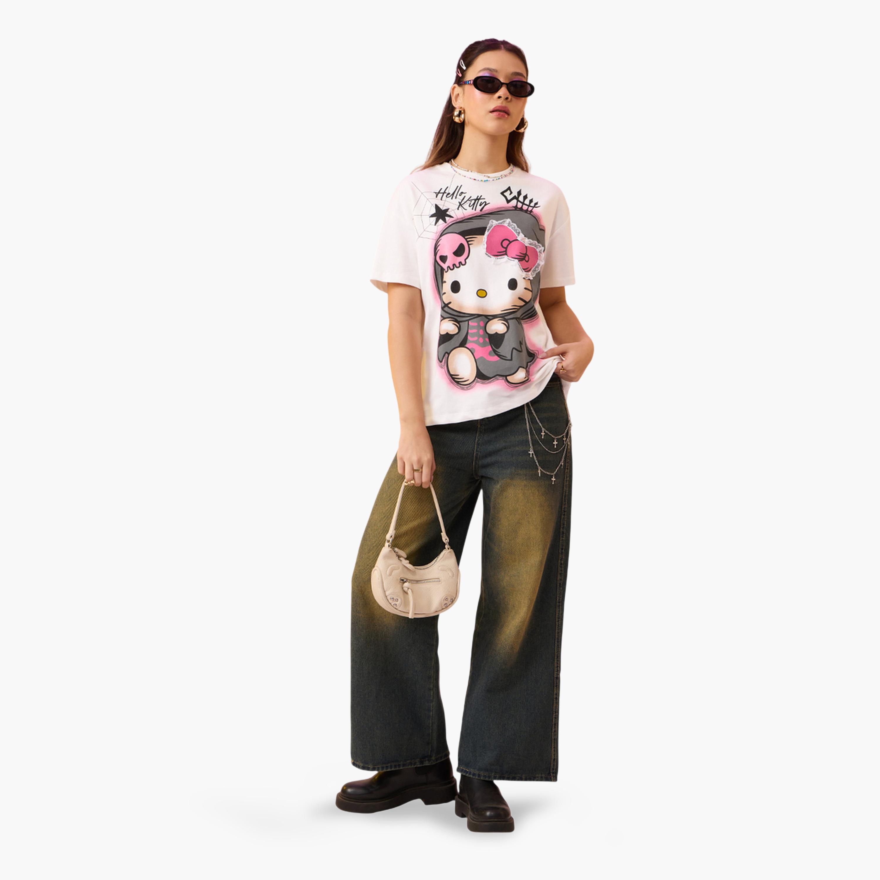 The Souled Store X Styli Hello Kitty Spooky Cute Graphic Oversized White T-Shirt-women-clothing-tshirts-image-2