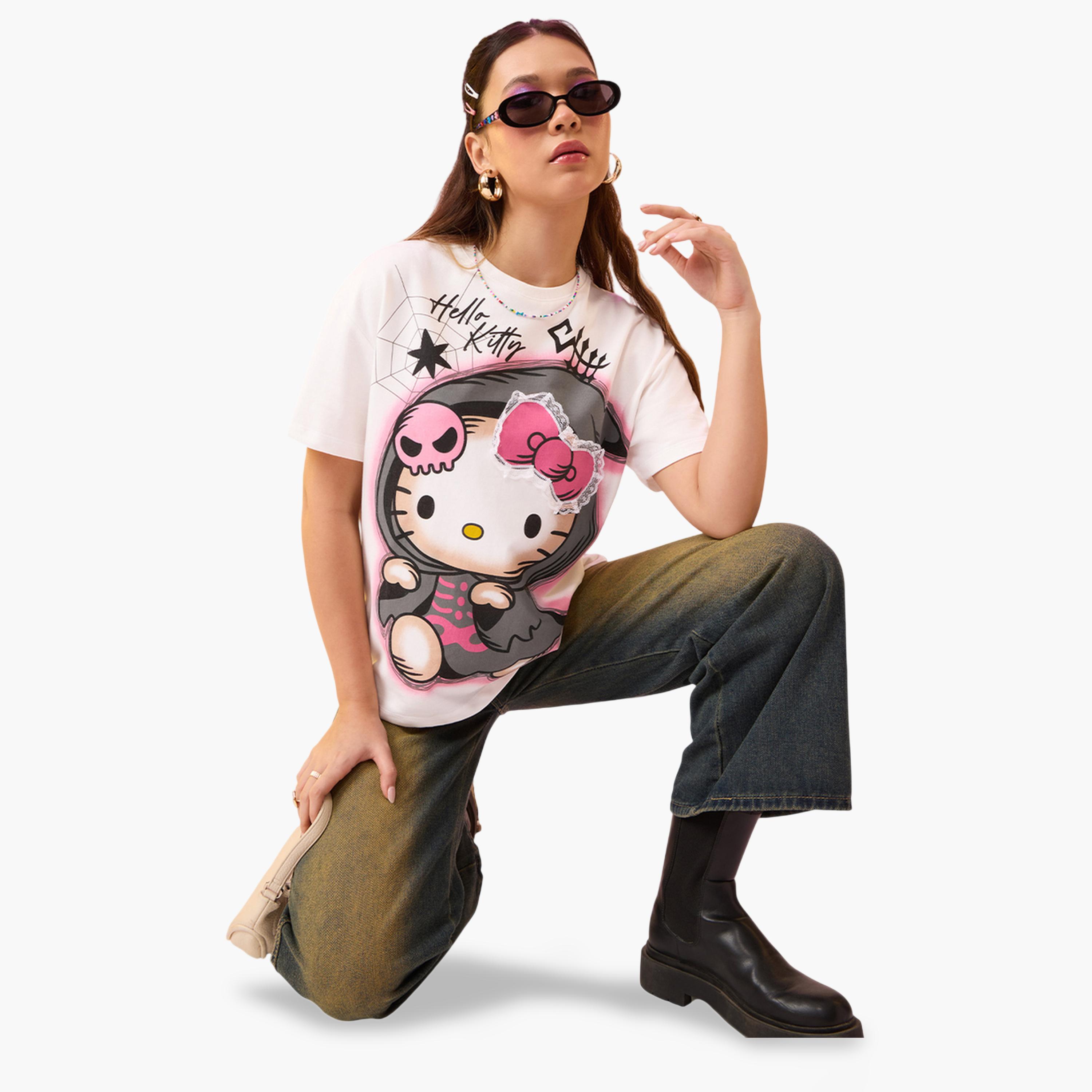 The Souled Store X Styli Hello Kitty Spooky Cute Graphic Oversized White T-Shirt-women-clothing-tshirts-image-4