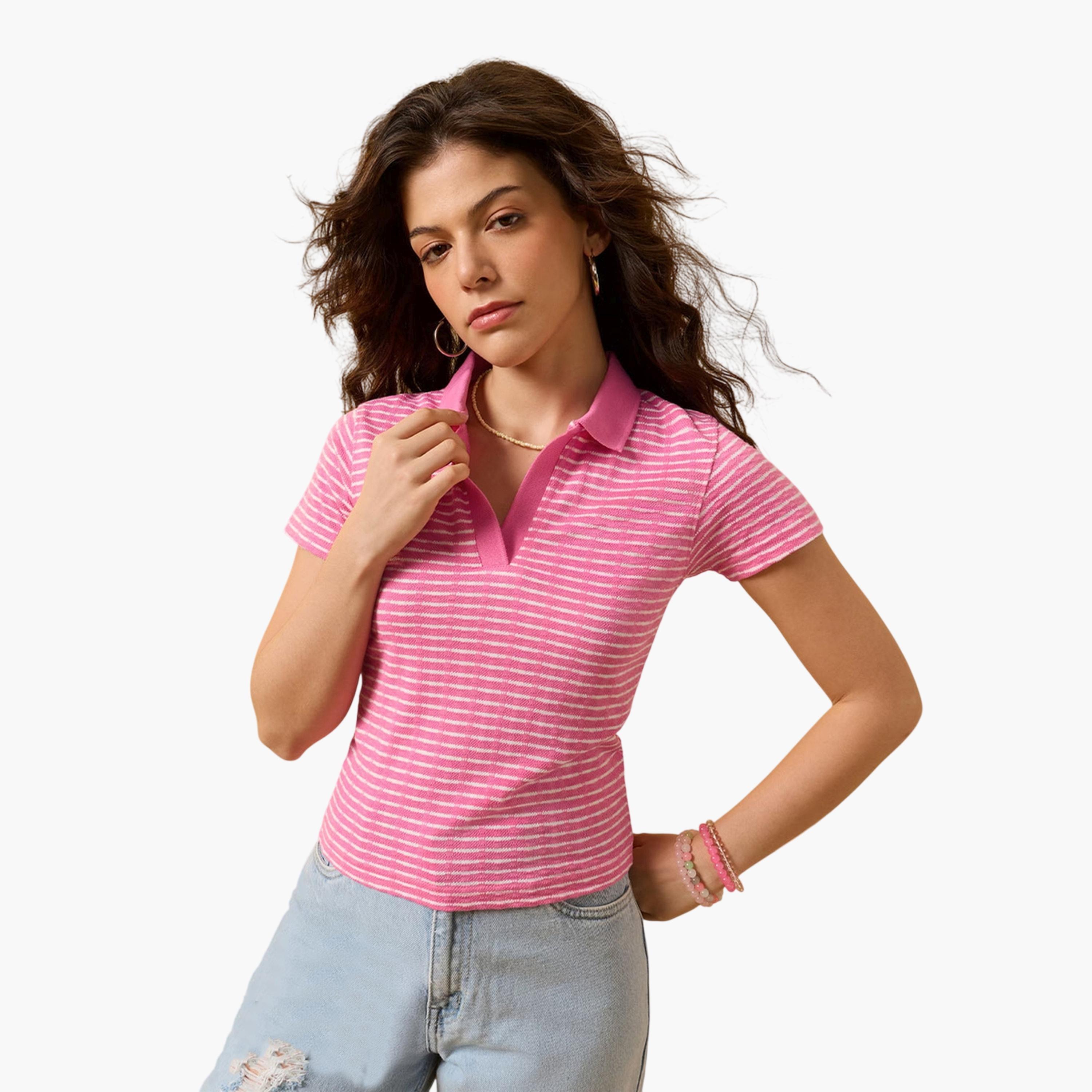 تيشيرت بولو قطن وردي بقصة ضيقة ومخطط-women-clothing-tshirts-image-1