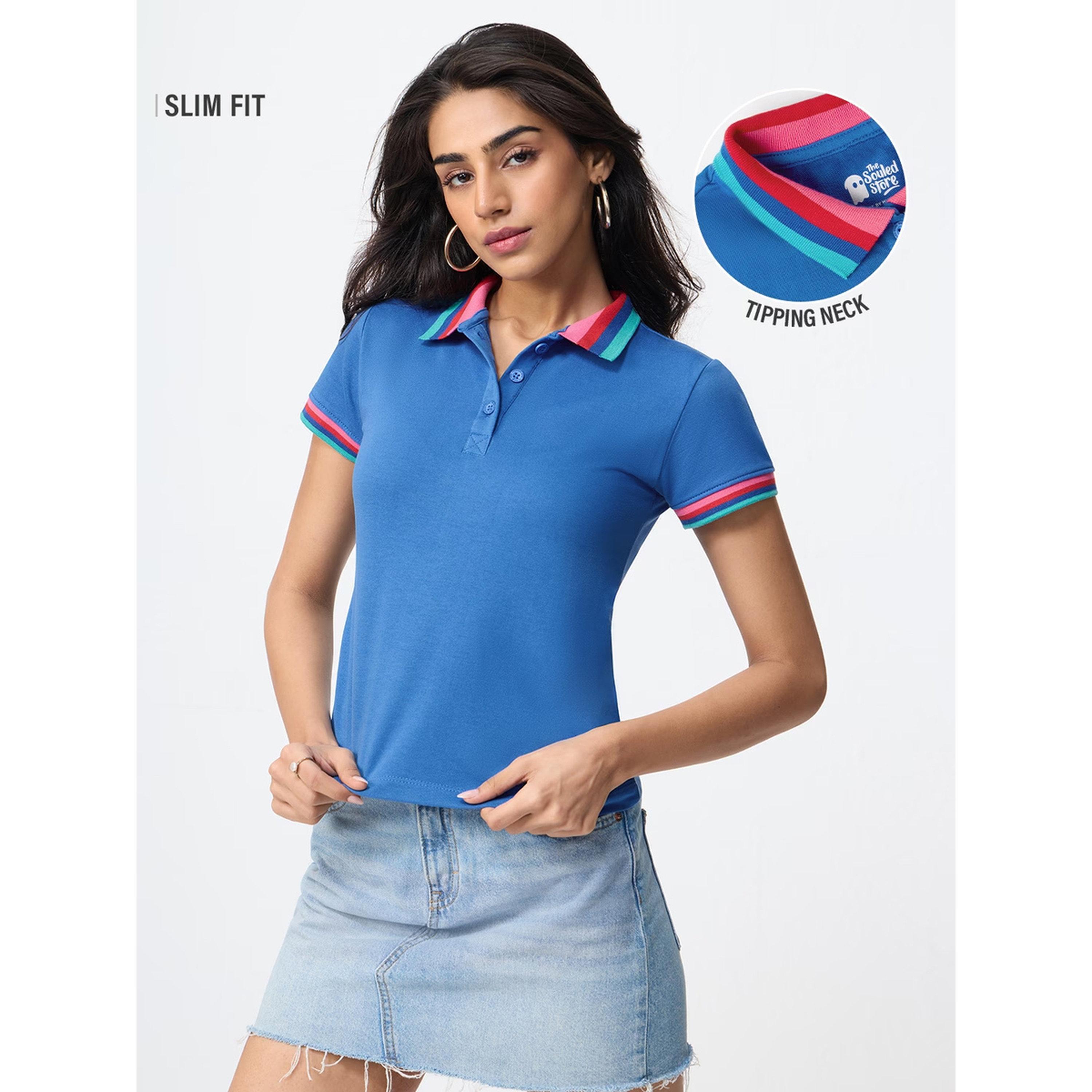The Souled Store X Styli Blue Slim Fit Polo T-Shirt with Tipped Neck-women-clothing-tshirts-image-2