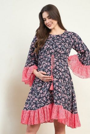 فستان للحوامل بتفاصيل دانتيل وطبعة زهور-women-clothing-maternity-image-1