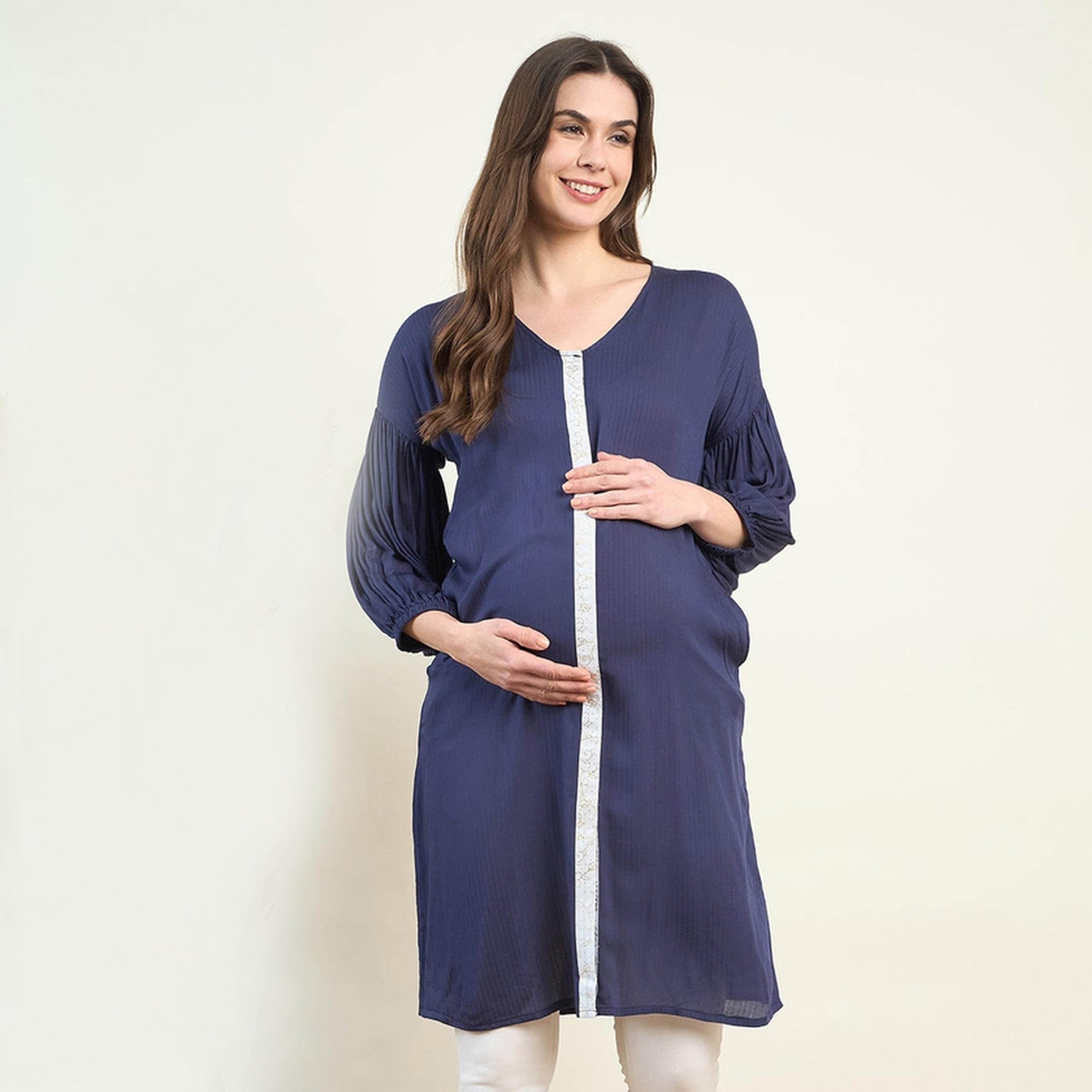The Kaftan Company X Styli Navy Blue Maternity Viscose Midi Shirt Dress with 3/4 Sleeves-women-clothing-maternity-dresses-image-1