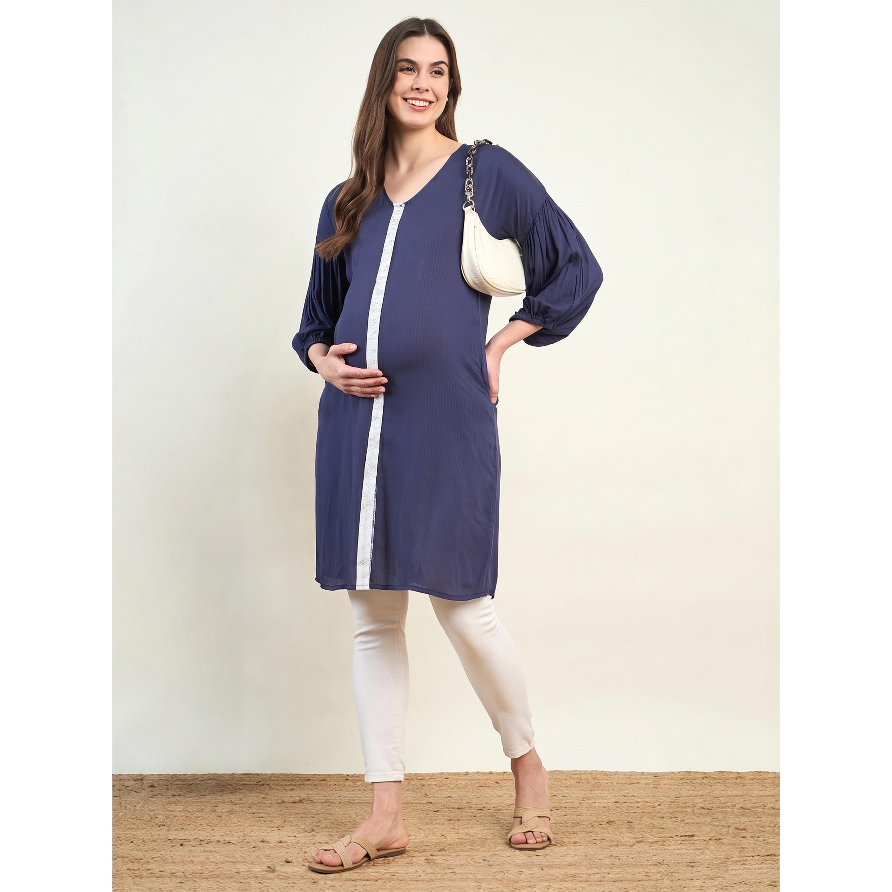 The Kaftan Company X Styli Navy Blue Maternity Viscose Midi Shirt Dress with 3/4 Sleeves-women-clothing-maternity-dresses-image-2