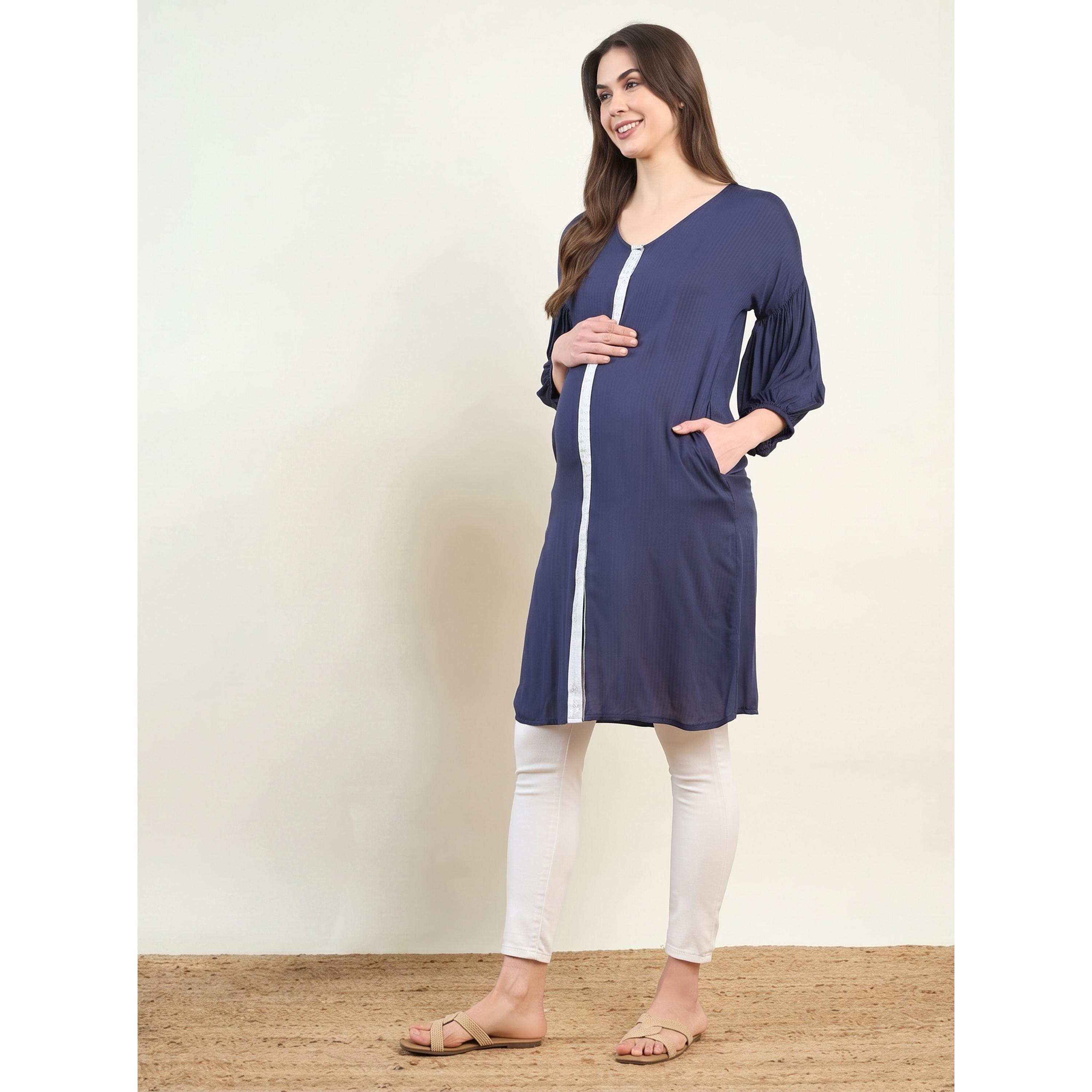 The Kaftan Company X Styli Navy Blue Maternity Viscose Midi Shirt Dress with 3/4 Sleeves-women-clothing-maternity-dresses-image-3