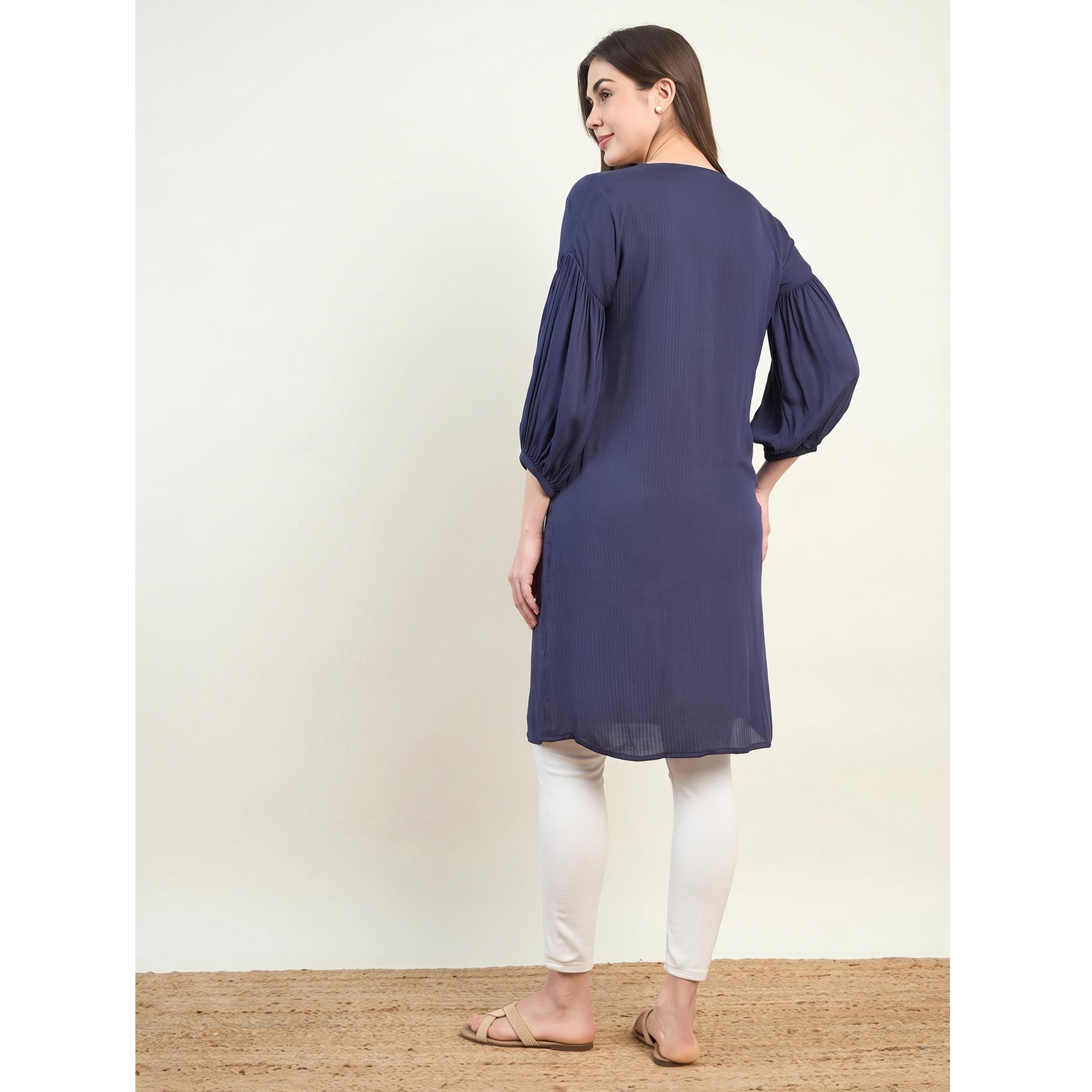 The Kaftan Company X Styli Navy Blue Maternity Viscose Midi Shirt Dress with 3/4 Sleeves-women-clothing-maternity-dresses-image-4